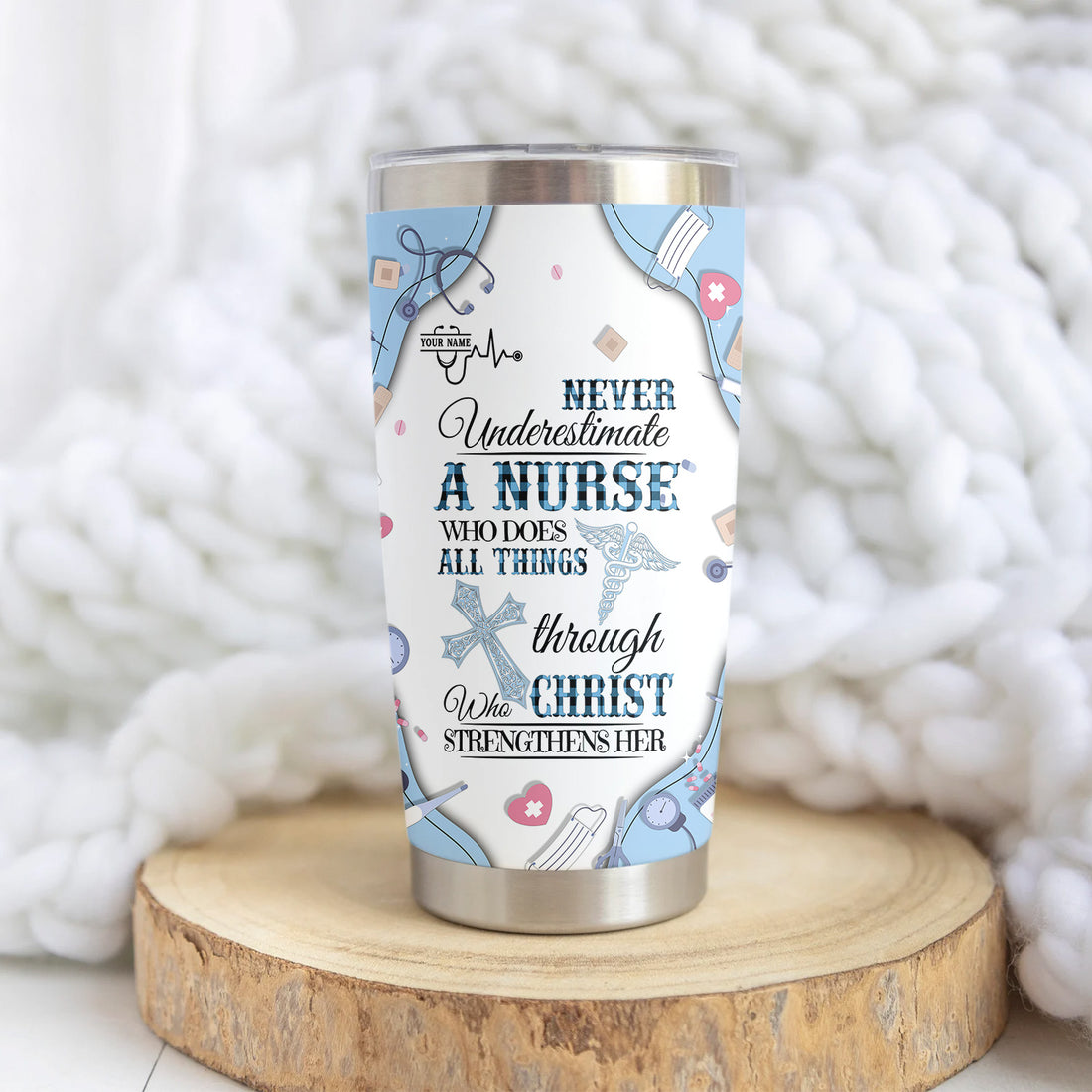 Personalized Christian Nurse Tumbler for RN LPN CNA - Custom Name All Things Through Christ Quote - Faith Medical Gift for Healthcare Workers
