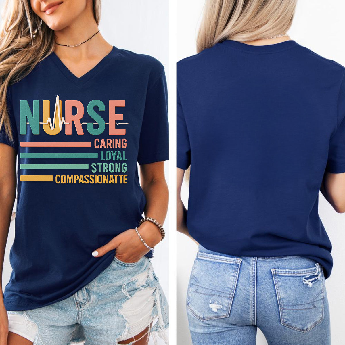 Personalized Caring Loyal Strong Nurse T-Shirt – Colorful Text RN Tee – Gift for Nurse Week Retirement RN CNA LPN