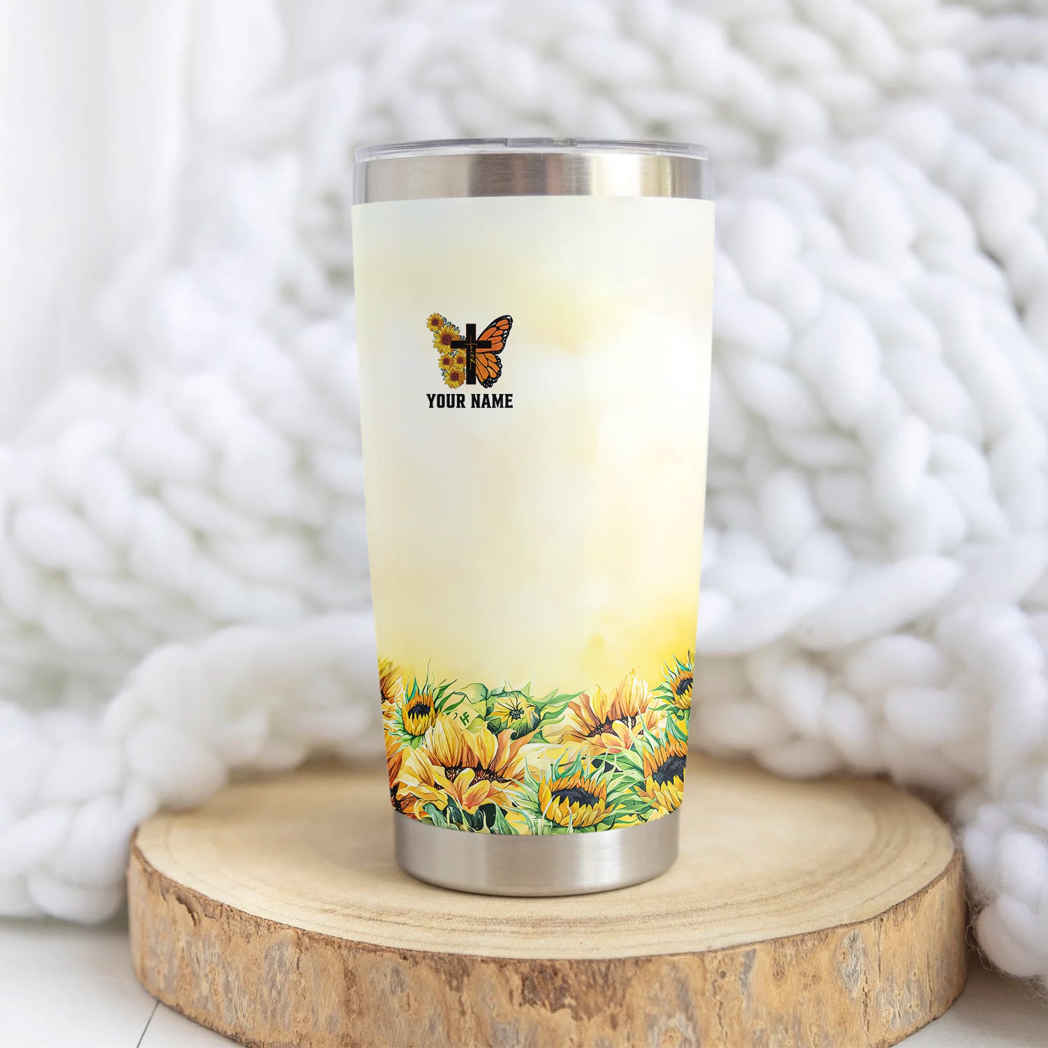 Personalized Christian Nurse Tumbler - Sunflower Butterfly Cross & Bible Verse - RN LPN CNA Healthcare Workers Gift