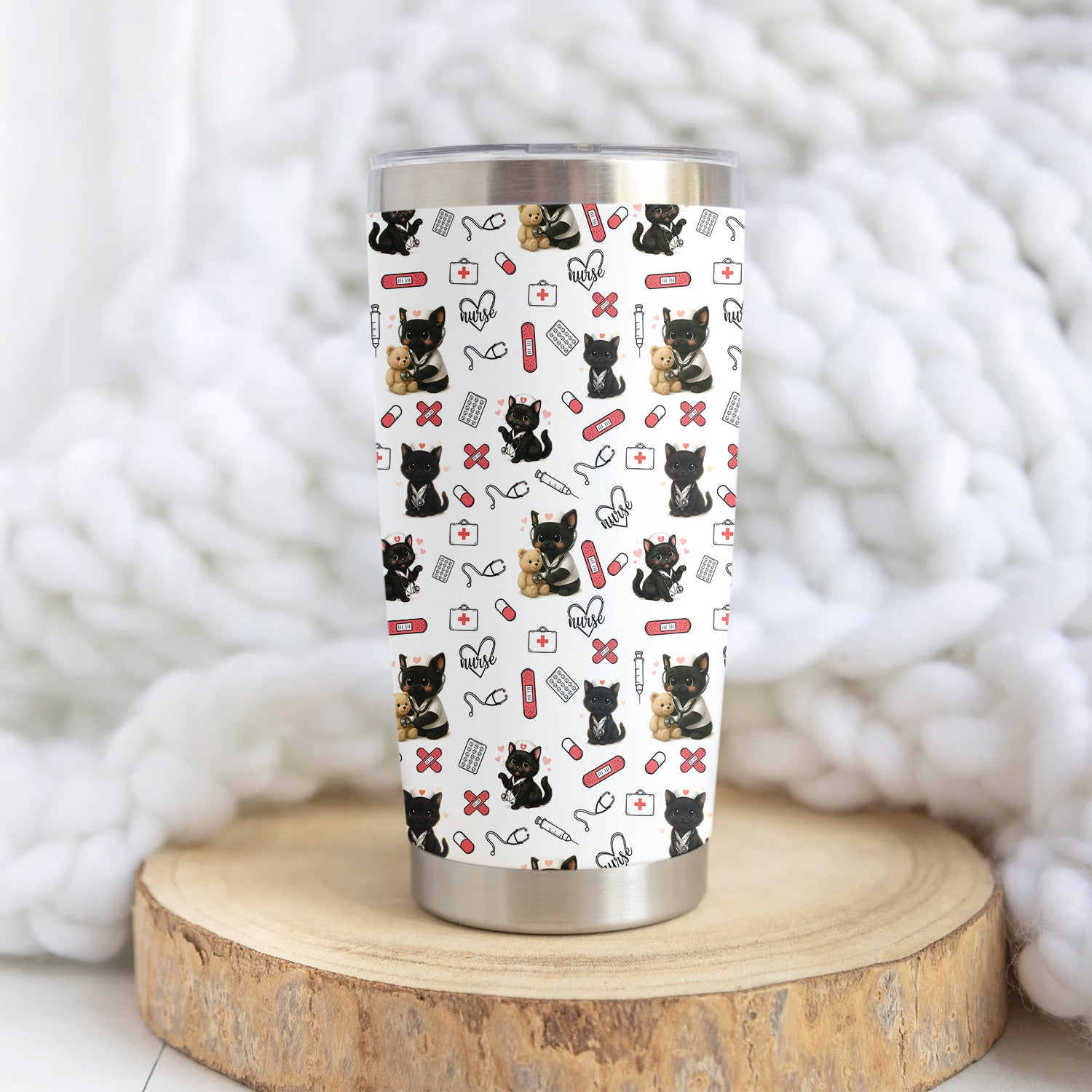 Funny Cat Lover Nurse Tumbler - Personalized RN CNA LPN Gift - Cute Medical Pattern with Black Kittens