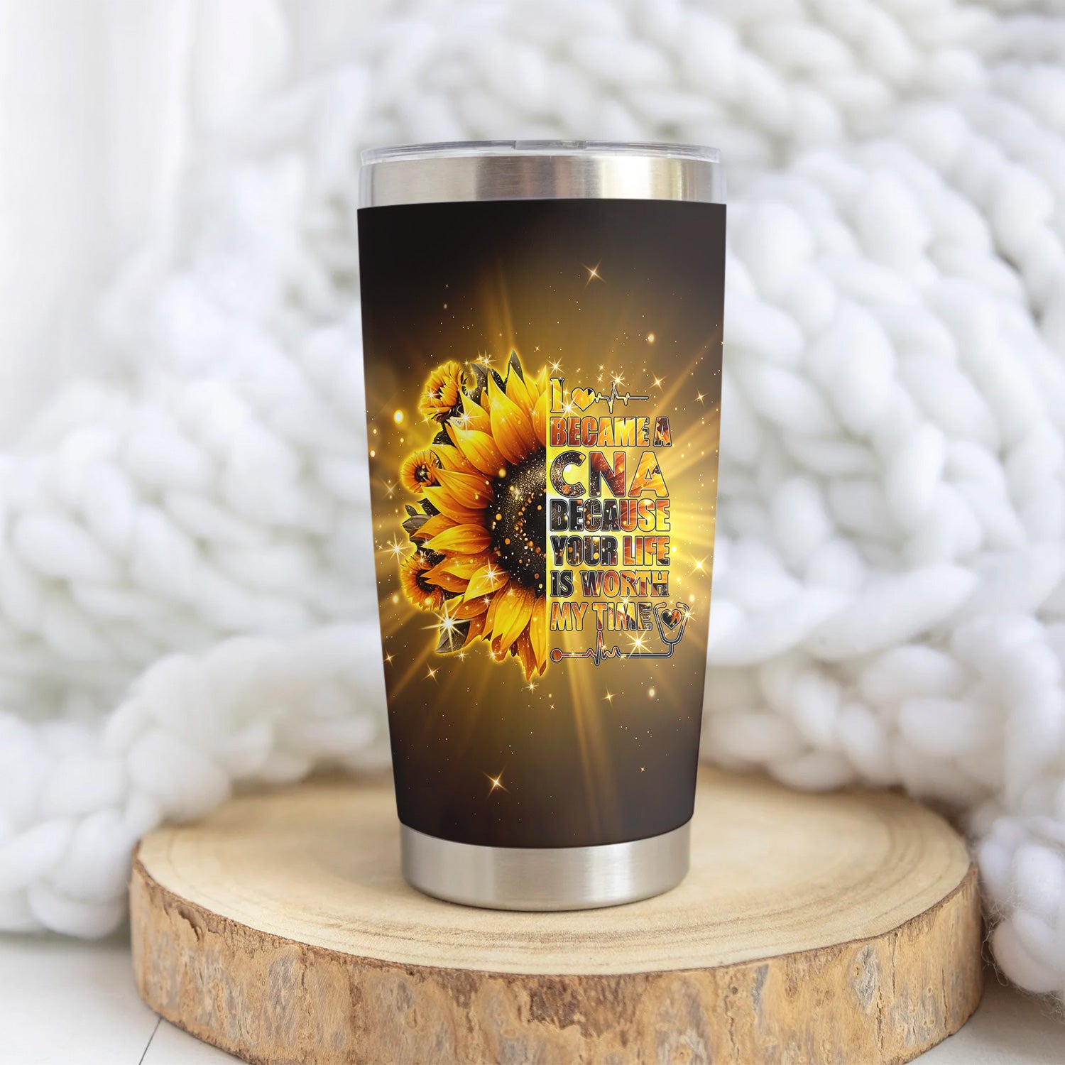 Custom CNA Floral Tumbler - Stethoscope Sunflower Graphic Design - Gift for RN LPN Healthcare Workers