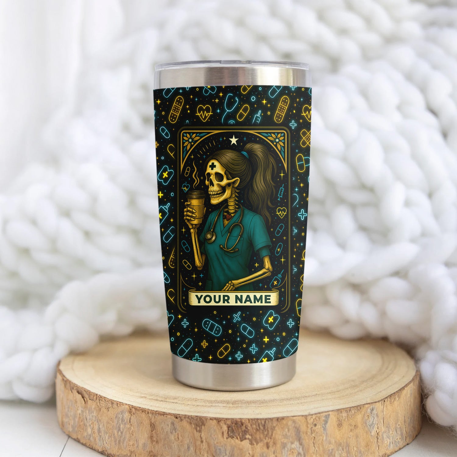 Funny Skeleton Nurse Tumbler - Personalized Coffee Cup for RN CNA LPN - Halloween Neon Design with Custom Name