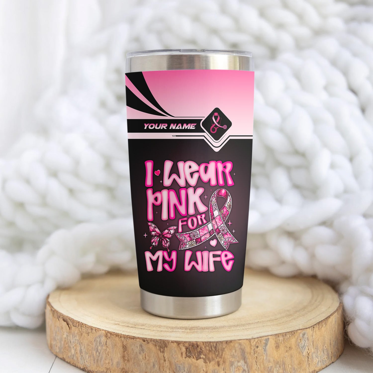 Personalized Breast Cancer Awareness Tumbler - Pink Ribbon Stainless Steel Cup - Gift for RN LPN CNA