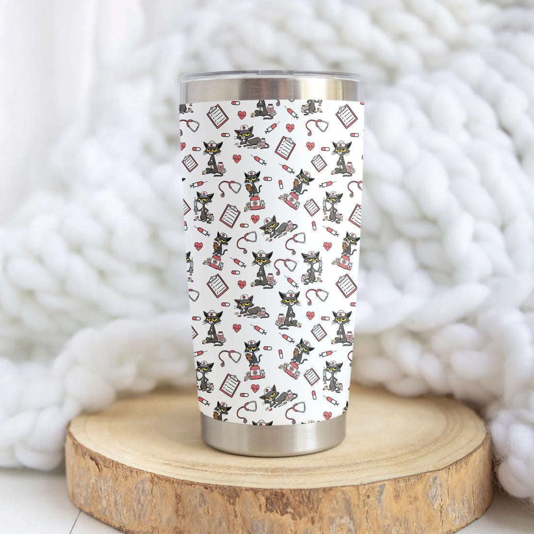 Funny Nurse Tumbler with Black Cat - Personalized 20oz Stainless Steel Cup - Gift for RN, CNA, LPN, Medical Staff