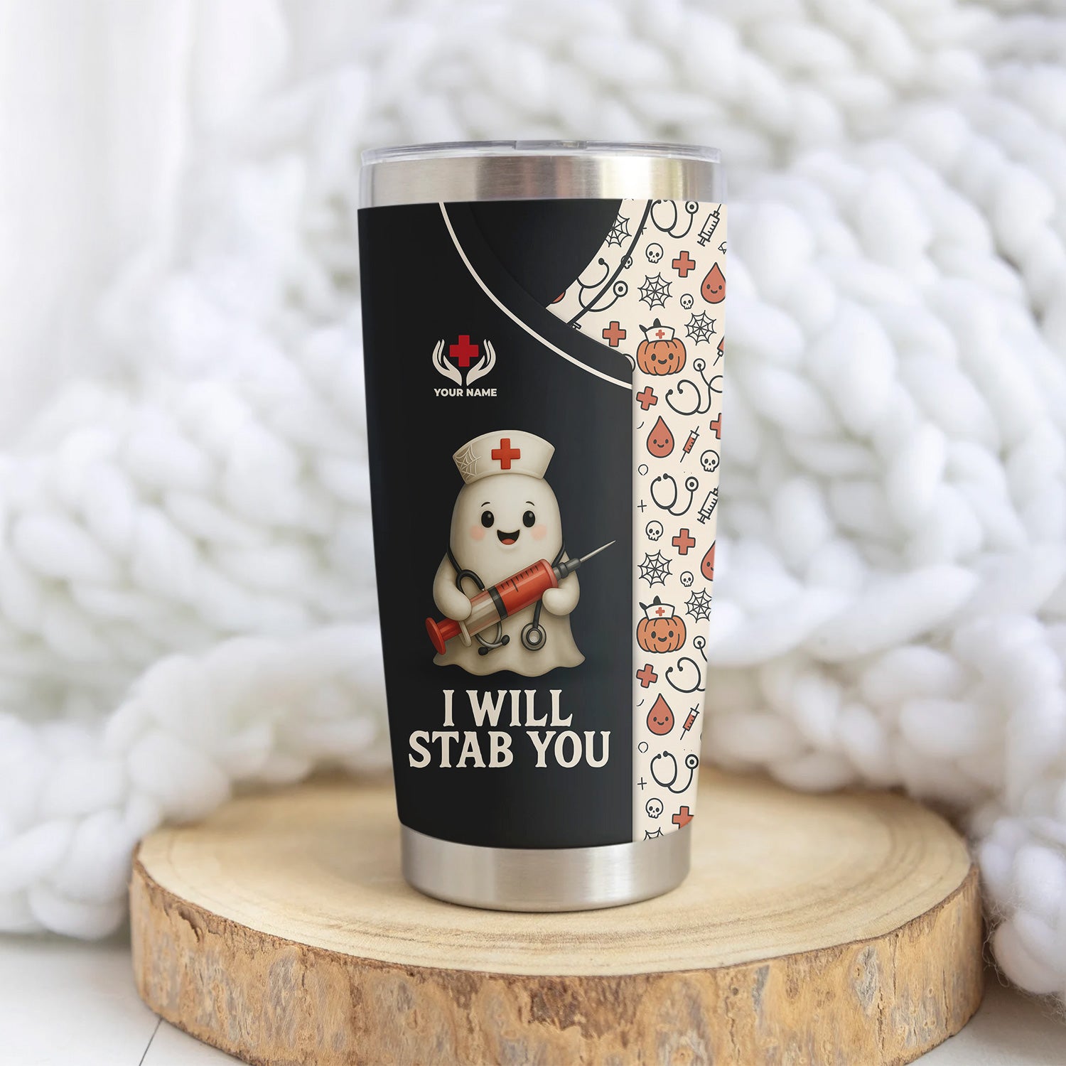 Funny Personalized Halloween Nurse Tumbler - I Will Stab You Quote with Syringe - Custom Name Gift for  RN LPN CNA Healthcare Workers