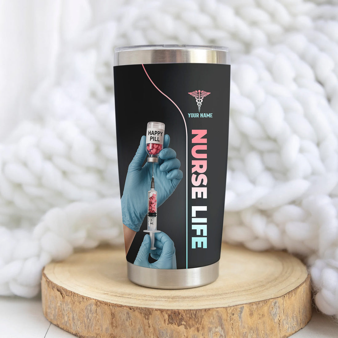 Personalized Nurse Tumbler with Name - Funny Happy Pill Design - Stainless Steel Insulated Cup - Gift for RN CNA LPN Women