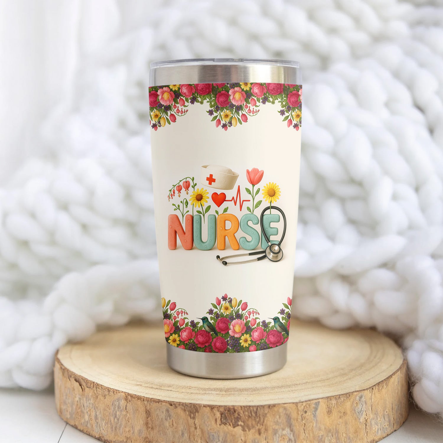 Personalized Floral Nurse Tumbler with Colorful Letters and Name - Cute Stethoscope Design - Thoughtful Gift for RN CNA LPN Women - Nurse Week or Birthday Idea
