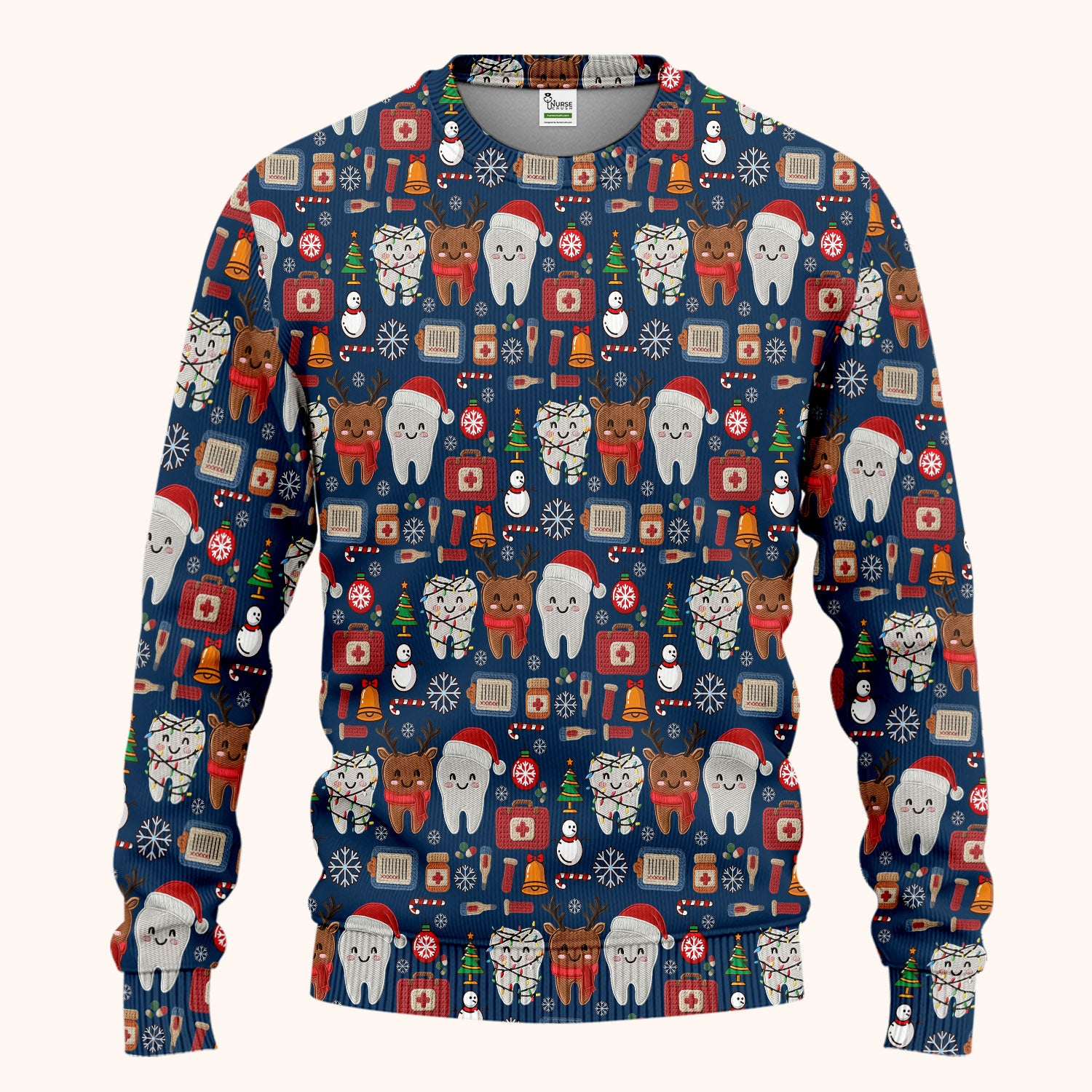 Christmas Dental Scrub Set - Cute Santa & Reindeer Tooth Pants and V Neck Top - Funny Gift for Dentists, Hygienists, Nurses