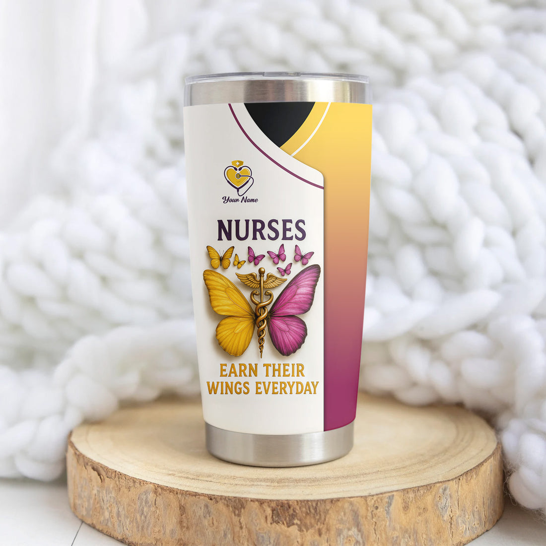Personalized Nurse Tumbler - Butterfly Wings Everyday Design - Custom Name Gift for RN LPN CNA Women Healthcare Workers