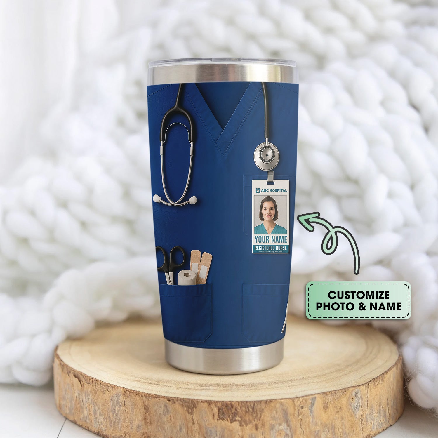 Custom Nurse Tumbler - Stethoscope & Hospital ID Badge Design - Personalized Gift with Custom Text & Photo for RN CNA LPN Healthcare Workers