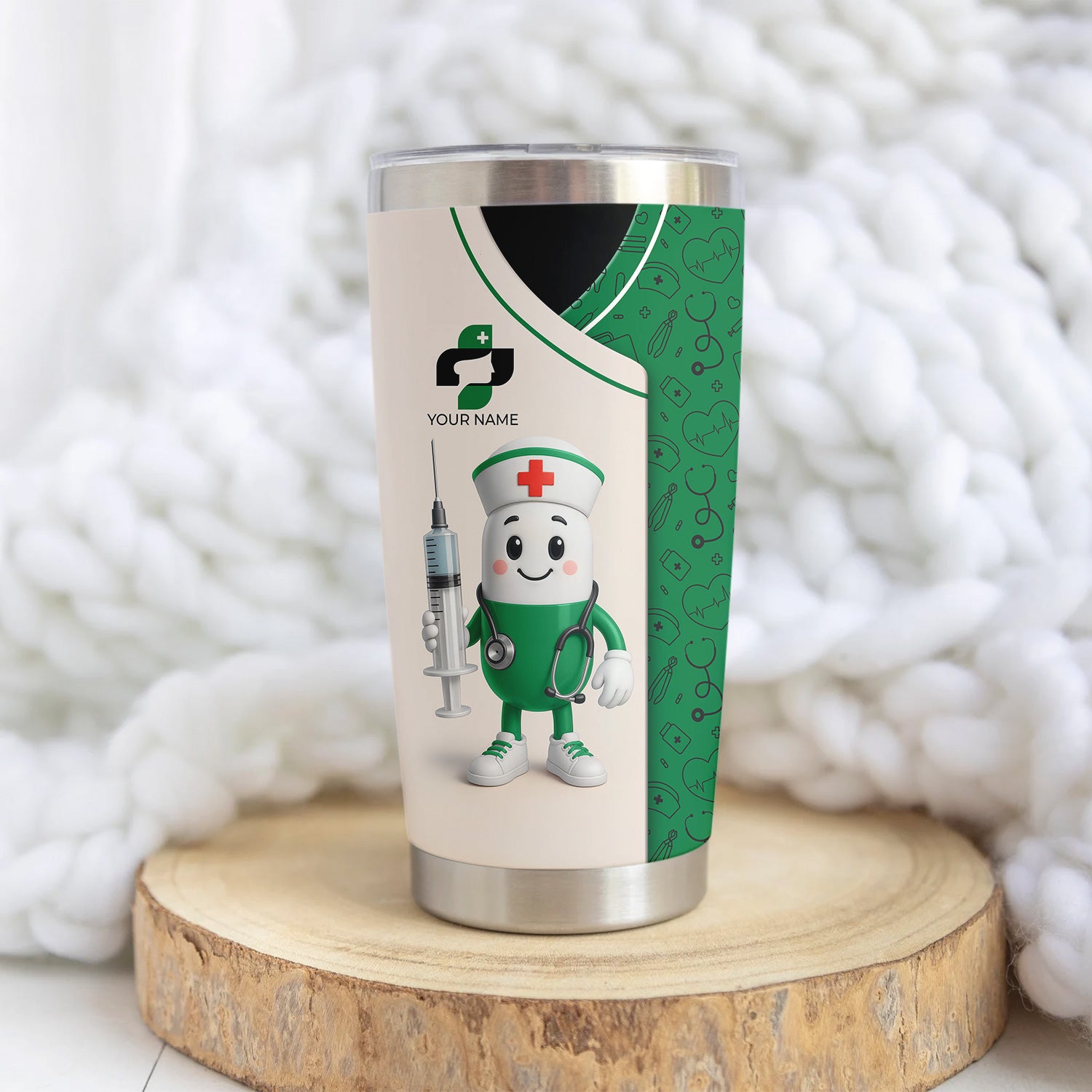 Funny Personalized Nurse Tumbler - Cartoon Pill Design Stainless Steel Travel Mug - RN CNA Healthcare Gift Multiple Color Options