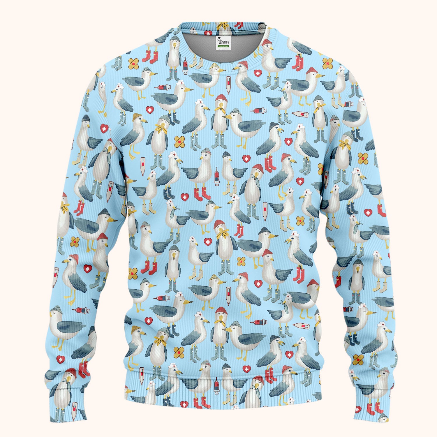 Funny Seagull Nurse Scrub Set - Cute Bird with Medical Icons Scrubs Pants and V Neck Top - Comfortable Scrubs for Women