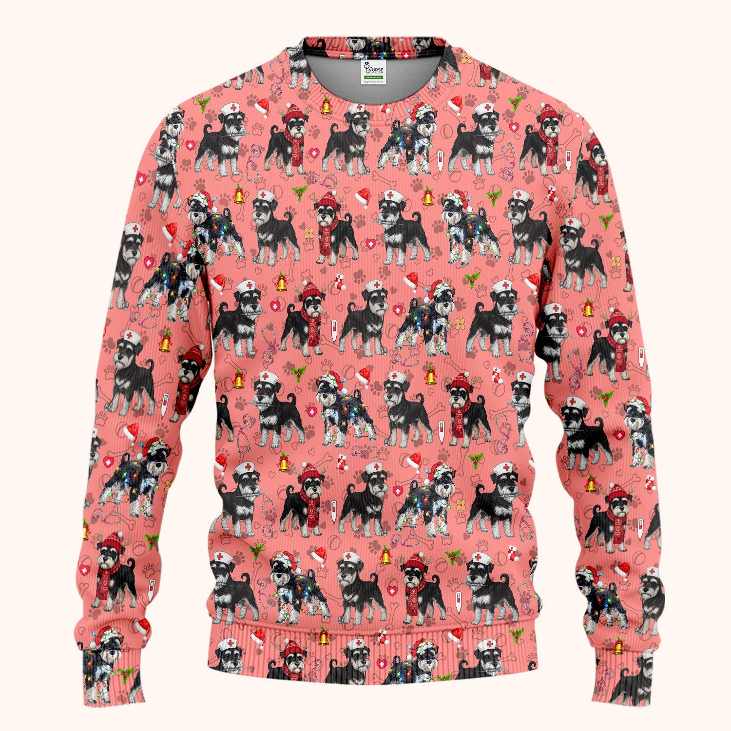 Christmas Schnauzer Scrub Set for Nurses - Cute Dog Holiday Scrubs Pants and V Neck Top - Funny Santa Nursing Medical Shirt for Women