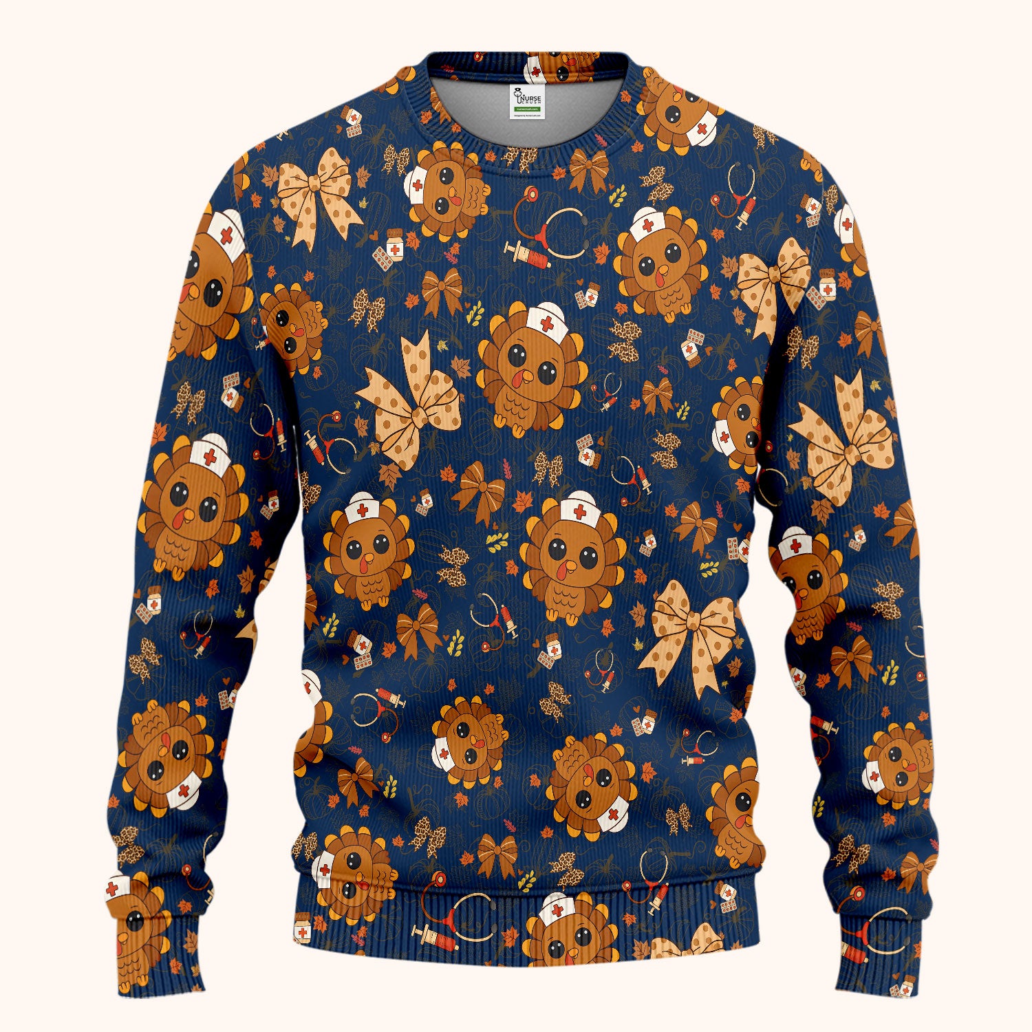 Thanksgiving Turkey Nurse Scrub Set for Women - Cute Fall Leaves and Bow Scrub Pants and V Neck Top - Autumn Medical Uniform