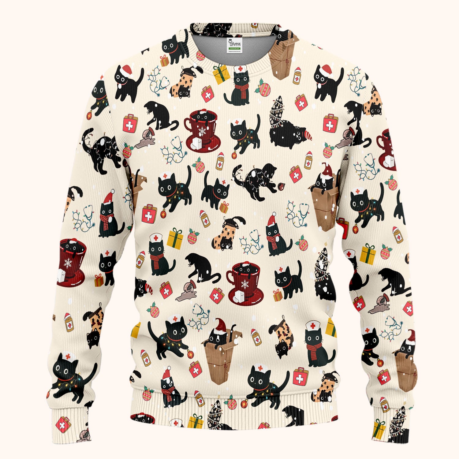 Funny Cat Scrub Sets for Women - Christmas Black Cats Pants and V Neck Top - Breathable Fabrics Nursing Uniform