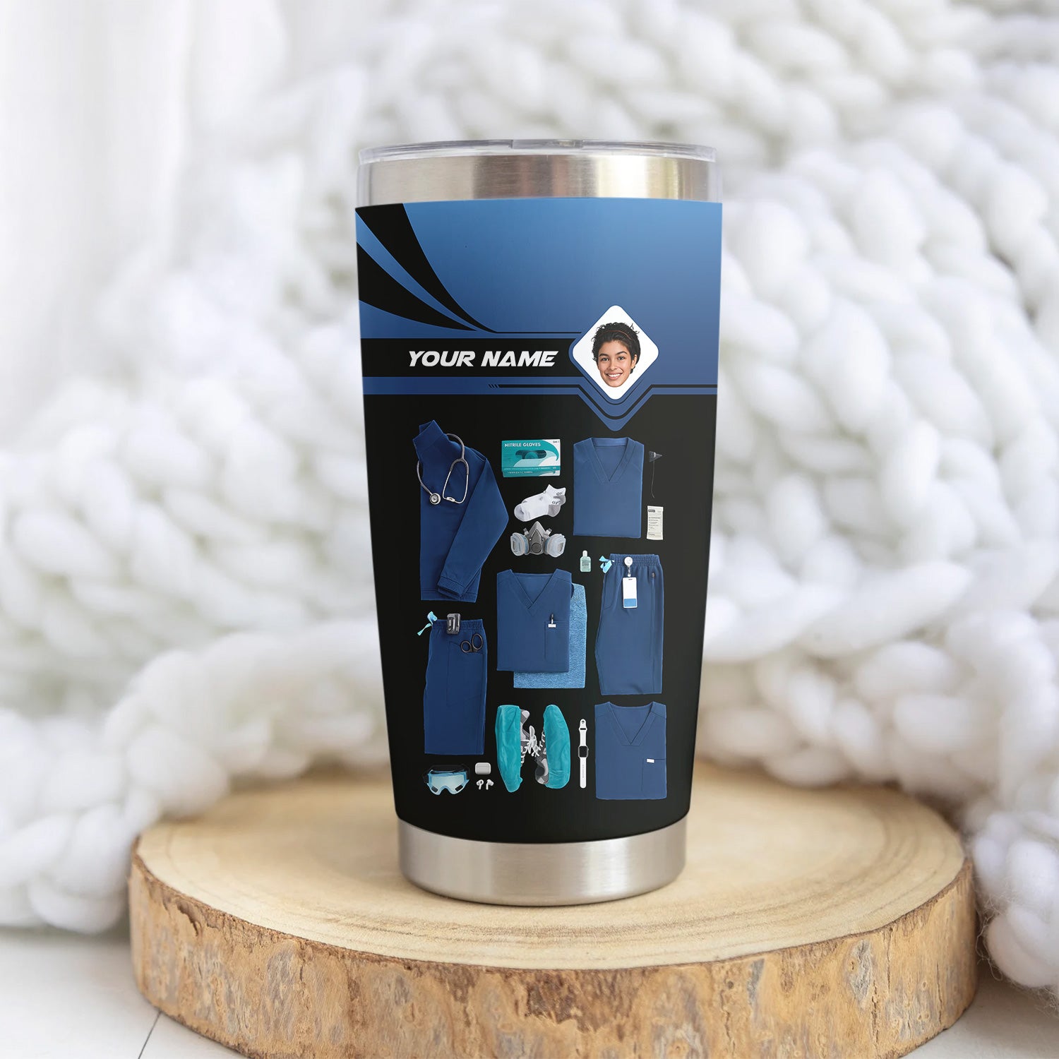 Personalized Nurse Tumbler with Scrubs & Tools - Custom Photo & Name - Gift for Healthcare Workers, RN, LPN - Multiple Scrub Colors Available