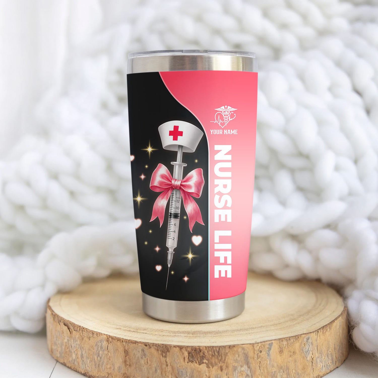 Personalized Nurse Tumbler with Name - Pink Syringe Bow Design for Women RN CNA LPN - Cute Medical Appreciation Cup for Nurse Graduation or Birthday Gift