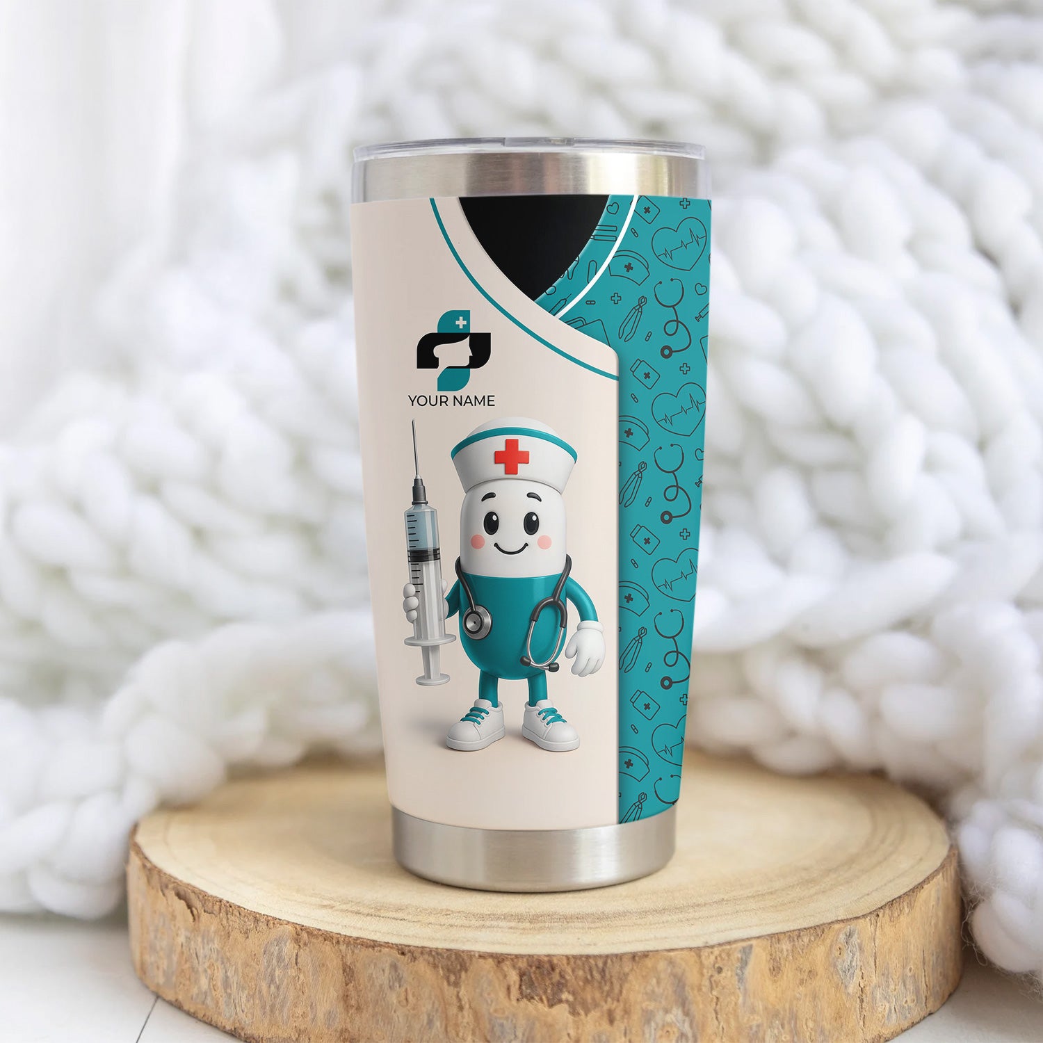 Funny Personalized Nurse Tumbler - Cartoon Pill Design Stainless Steel Travel Mug - RN CNA Healthcare Gift Multiple Color Options
