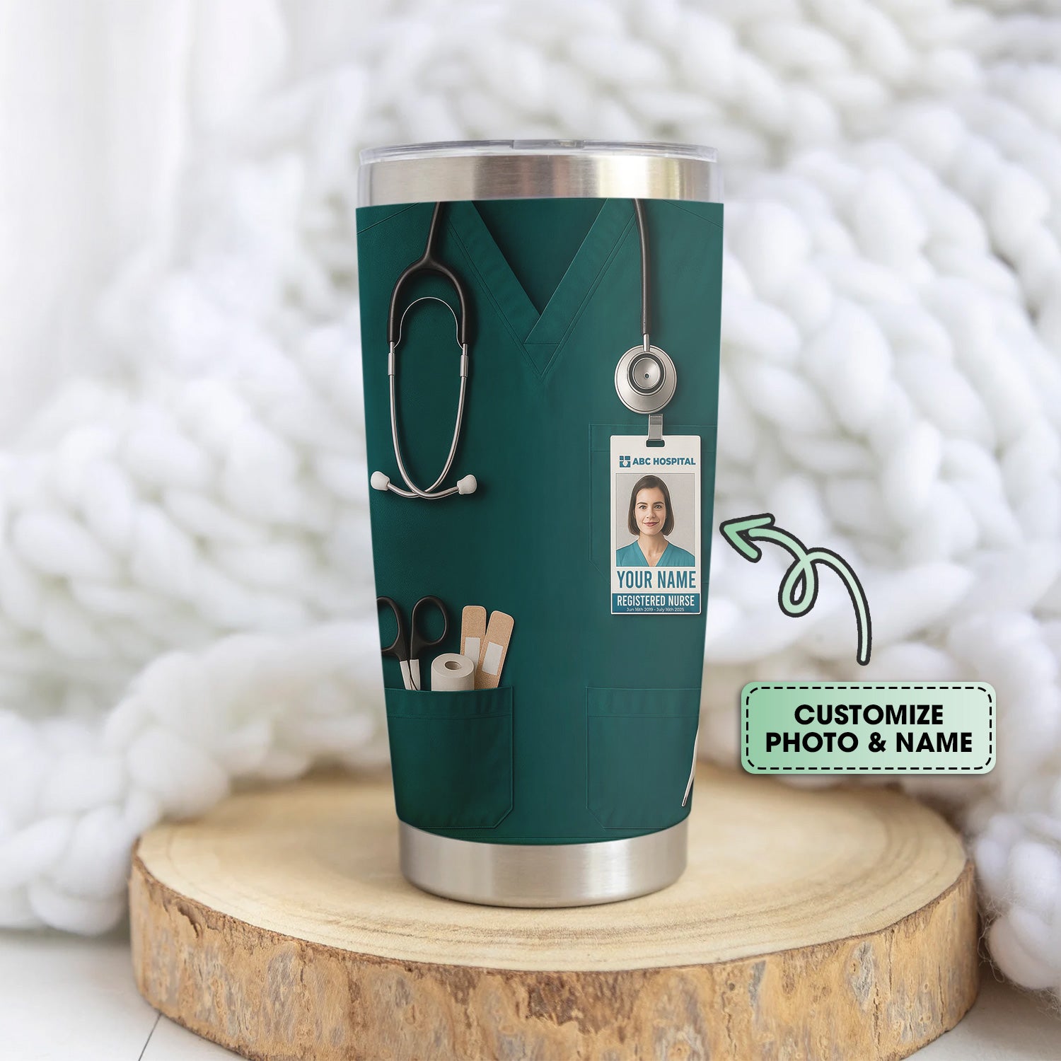 Custom Nurse Tumbler - Stethoscope & Hospital ID Badge Design - Personalized Gift with Custom Text & Photo for RN CNA LPN Healthcare Workers