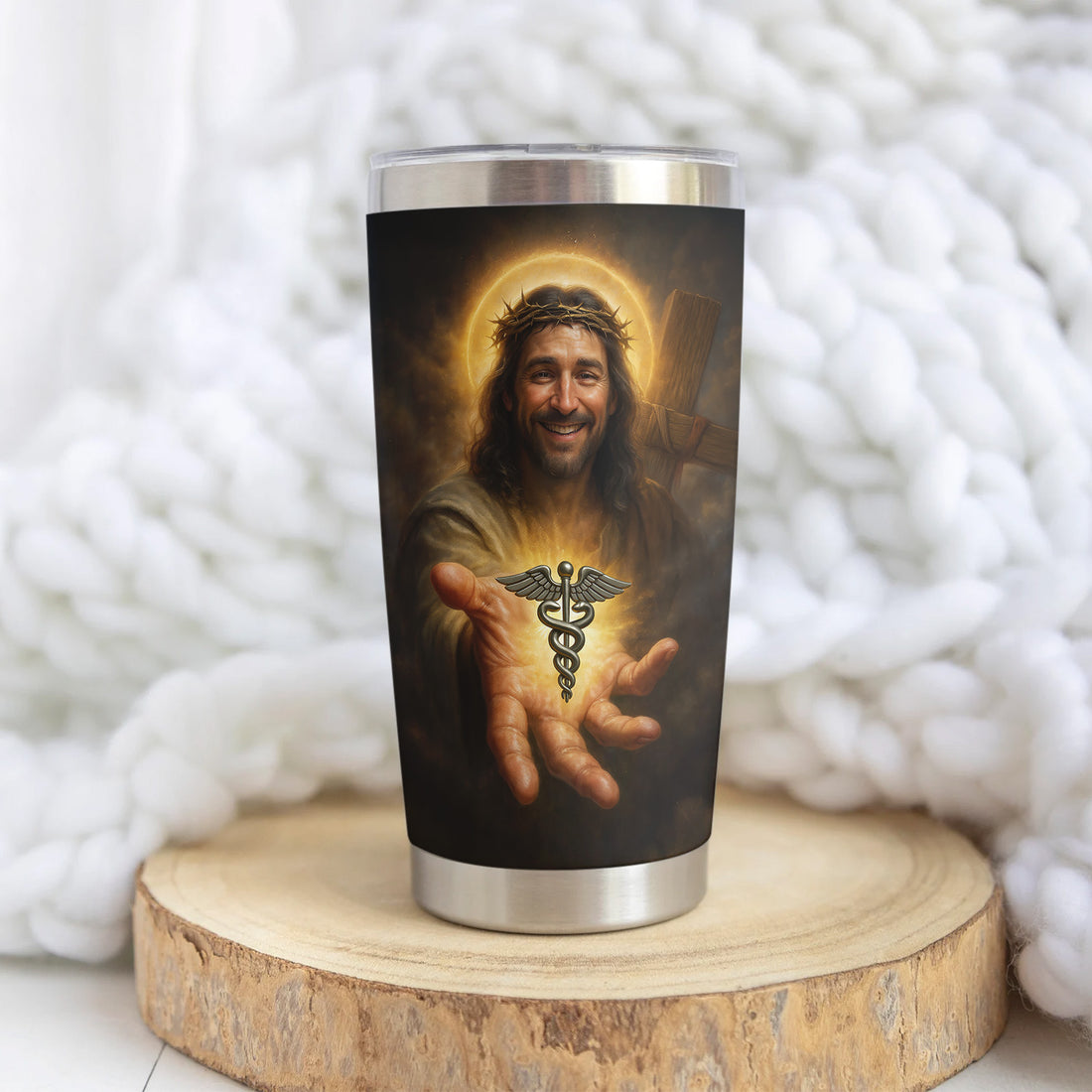 Personalized Religious Nurse Tumbler with Jesus and Caduceus Symbol - Jesus Saves Inspirational Christian Quote - Gift for RN CNA LPN