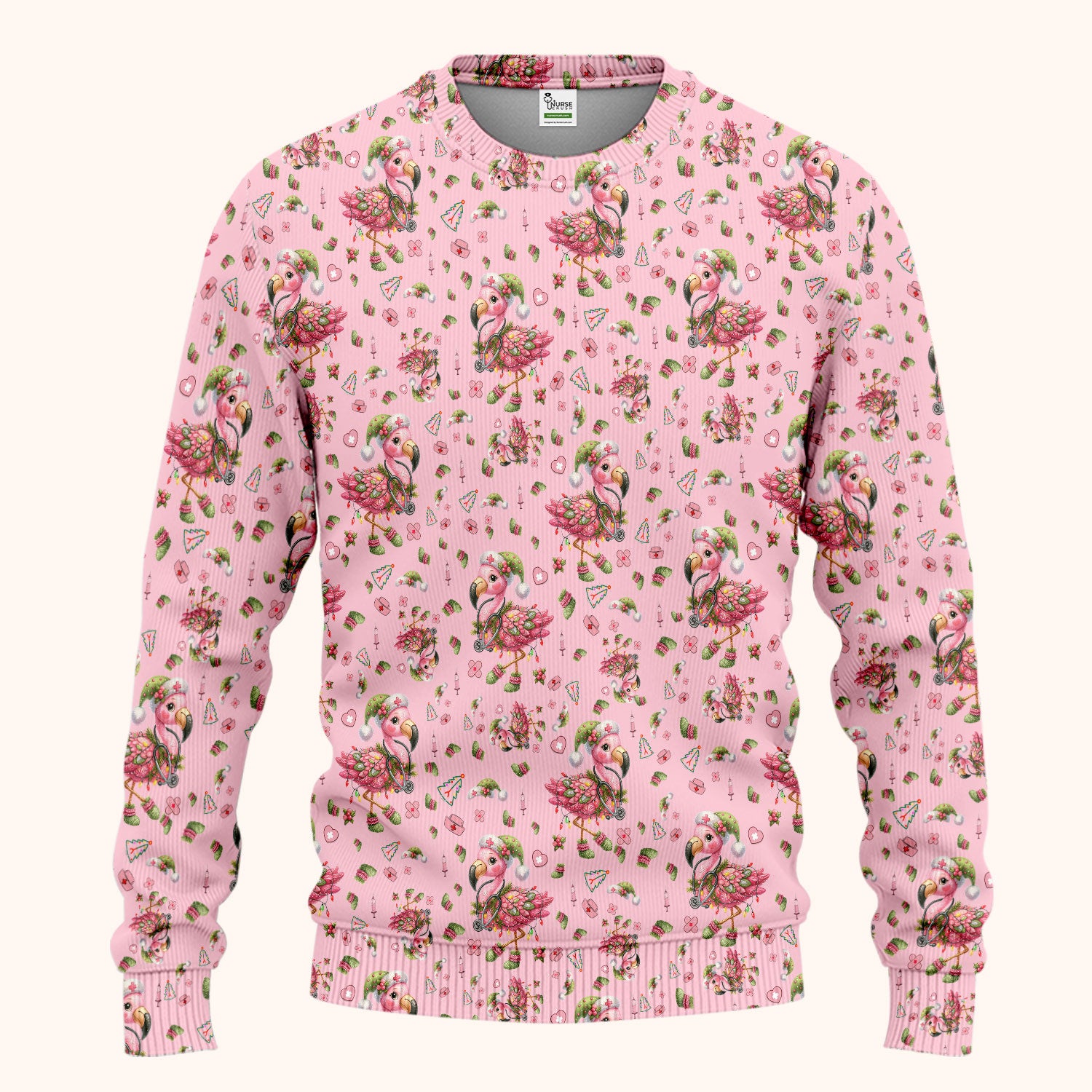 Pink Flamingo Christmas Scrub Set - Cute Flamingo Scrubs Pants and V Neck Top - Fun Christmas Medical Uniform