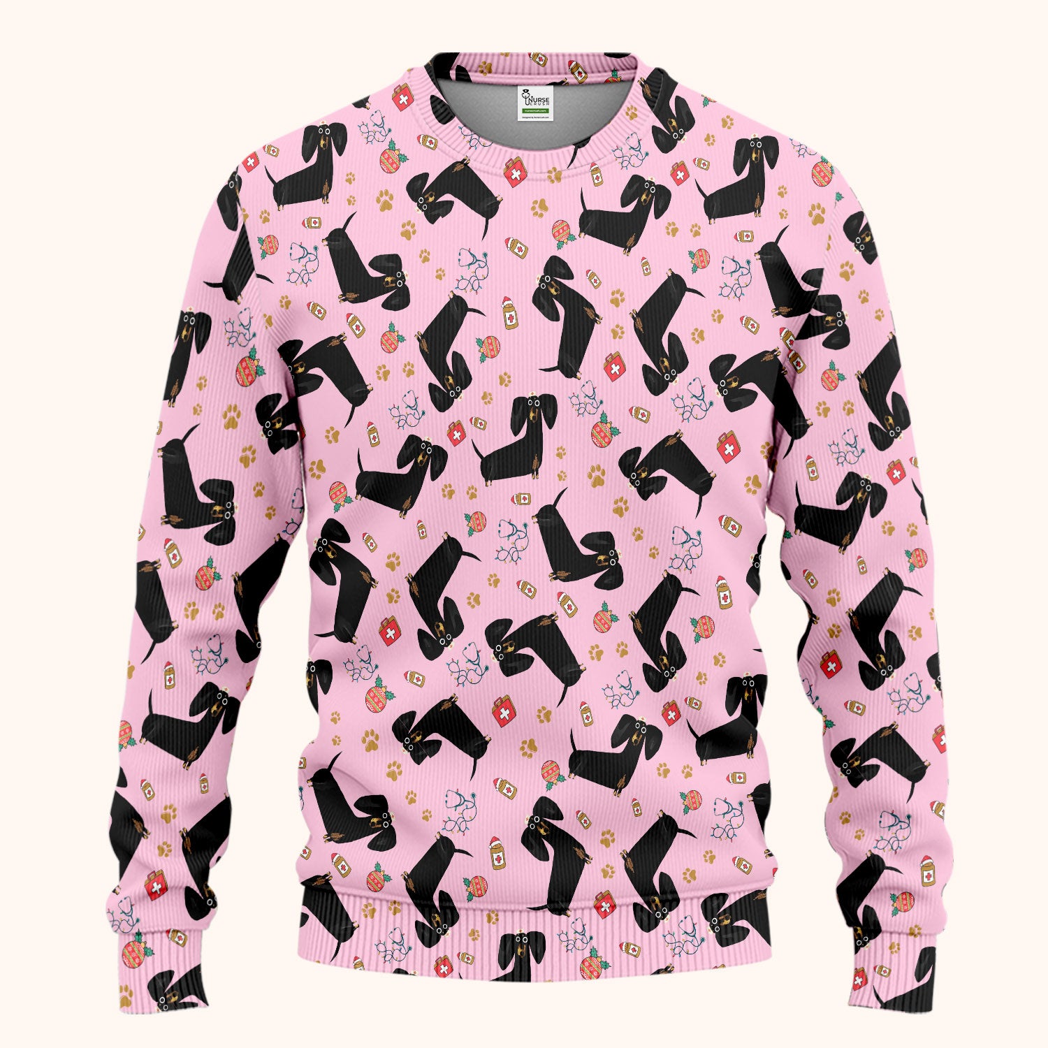 Funny Black Dachshund Scrub Set for Nurses - Cute Wiener Dog Scrubs Pants and V Neck Top - Puppy Lover Nursing Gift for Women