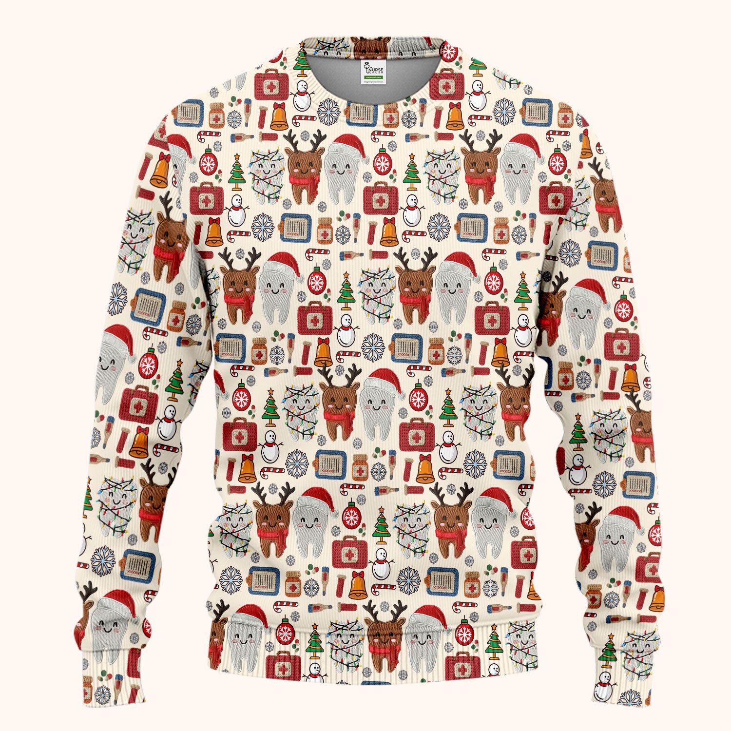Christmas Dental Scrub Set - Cute Santa & Reindeer Tooth Pants and V Neck Top - Funny Gift for Dentists, Hygienists, Nurses