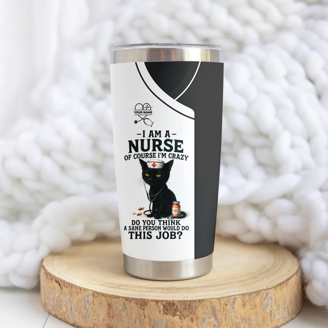 Funny Nurse Tumbler with Black Cat - Personalized 20oz Stainless Steel Cup - Gift for Nurses