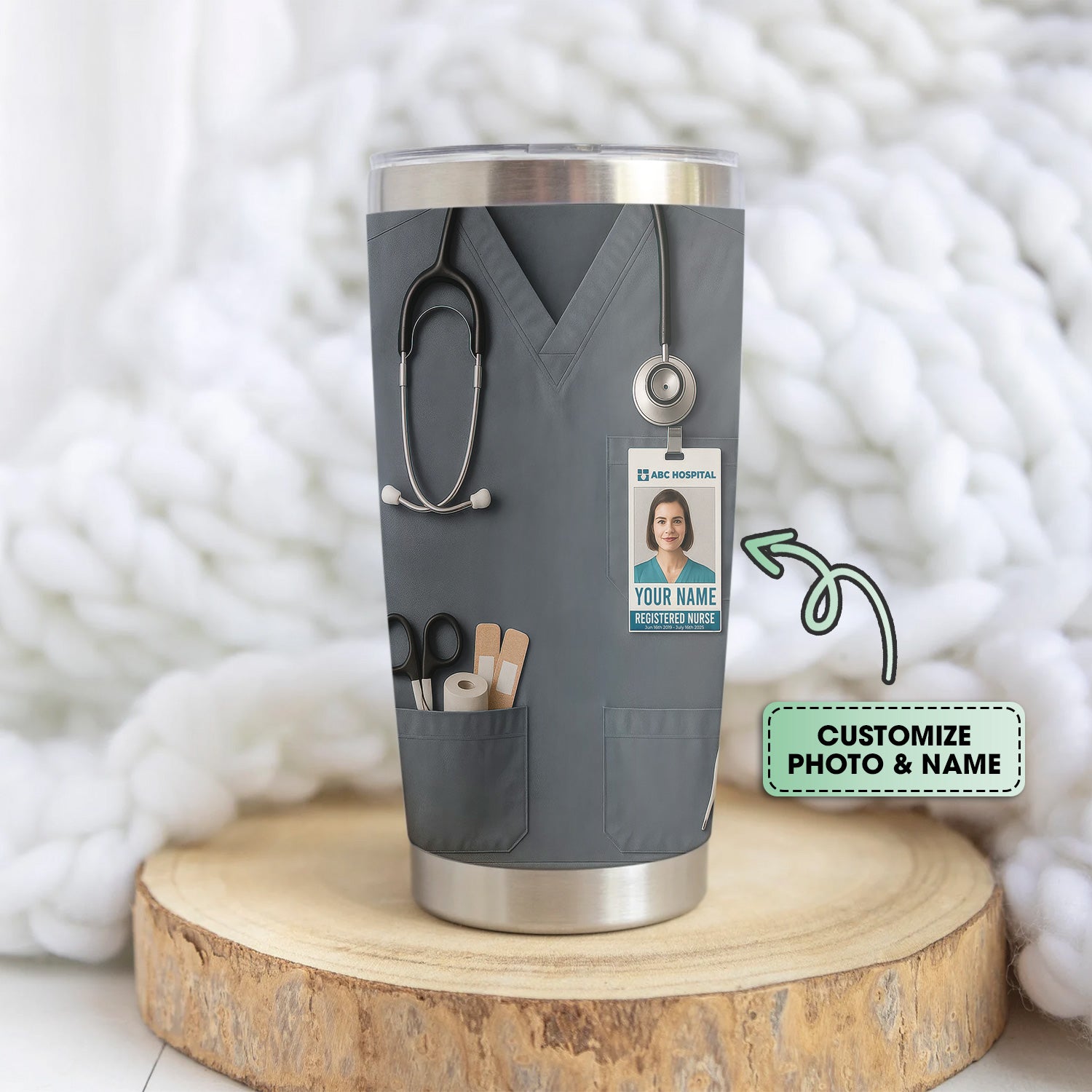 Custom Nurse Tumbler - Stethoscope & Hospital ID Badge Design - Personalized Gift with Custom Text & Photo for RN CNA LPN Healthcare Workers