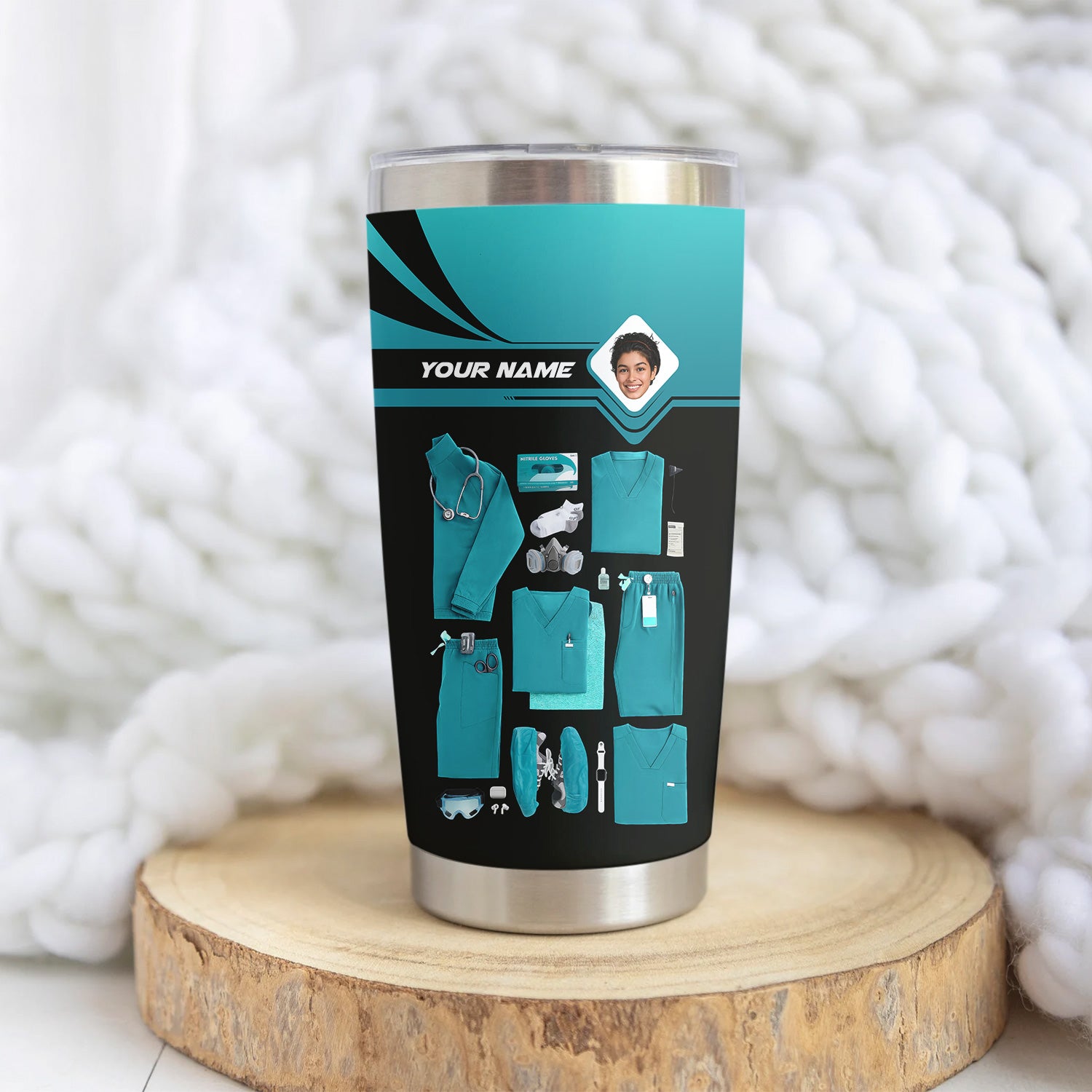 Personalized Nurse Tumbler with Scrubs & Tools - Custom Photo & Name - Gift for Healthcare Workers, RN, LPN - Multiple Scrub Colors Available