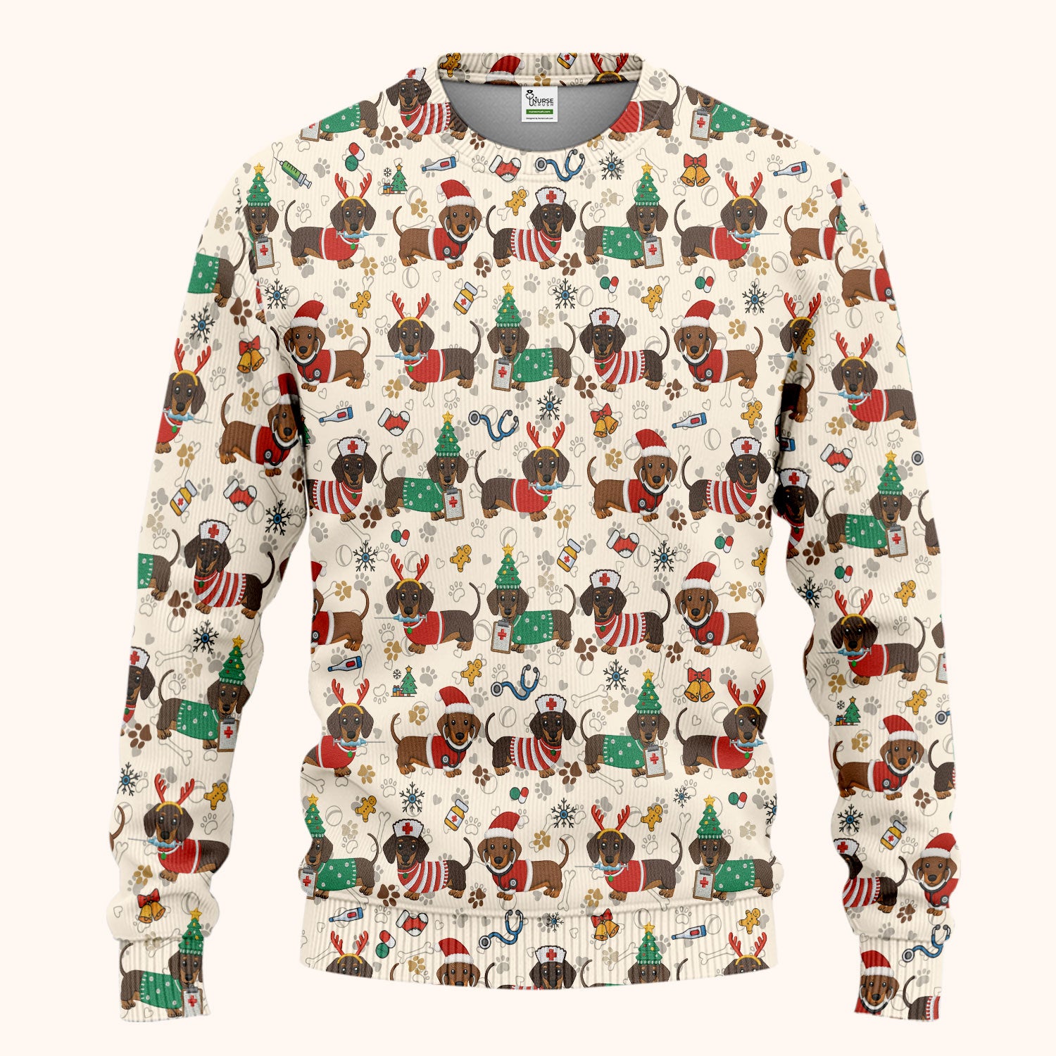 Christmas Dachshund Scrub Set for Nurses - Cute Wiener Dog Scrubs Pants and V Neck Top - Cute Puppy Med Uniform Gift for Women