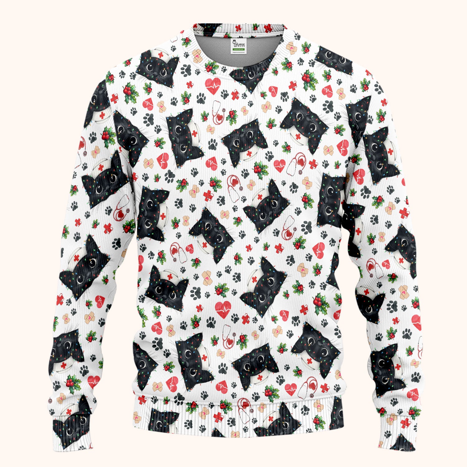 Black Cats Comfortable Scrubs for Nurses - Cute Kittens Christmas Scrubs Pants and V Neck Top - Breathable Med Uniform Gift for Women