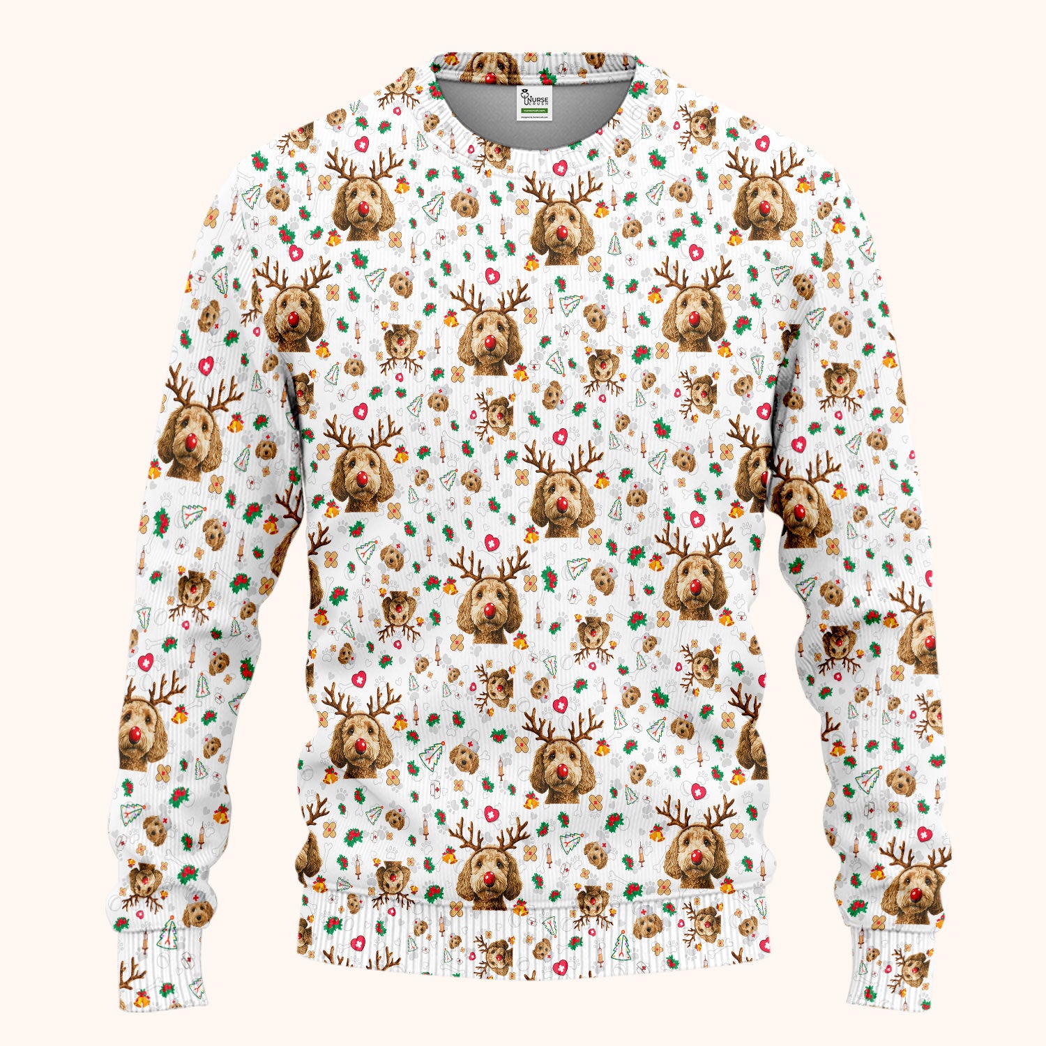 Labradoodle Reindeer Christmas Scrub Set - Funny Dog Nurse Pants and V Neck Top - Cute Holiday Medical Uniform