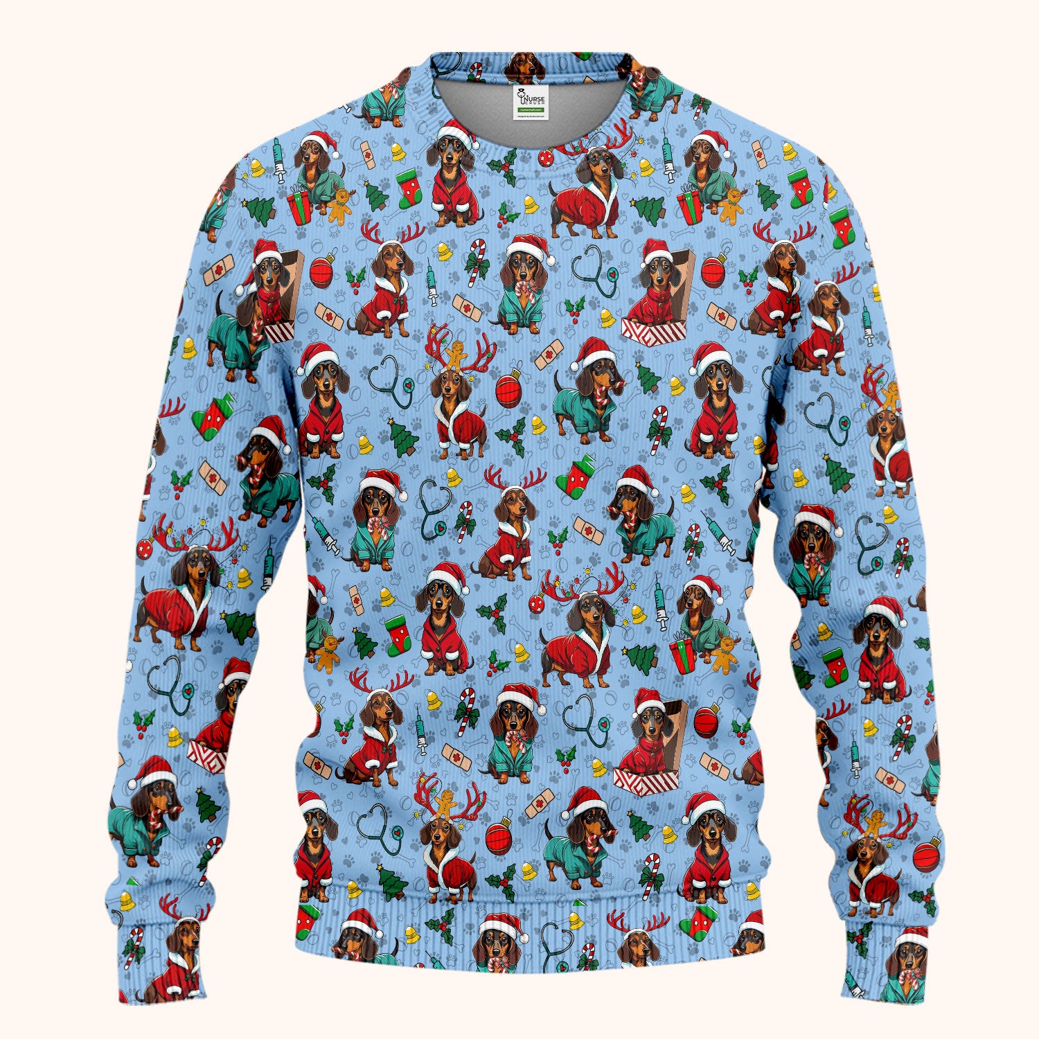 Christmas Dachshund Scrub Set for Nurses - Cute Sausage Dog Holiday - Funny Reindeer & Santa Scrubs Pants and V Neck Top