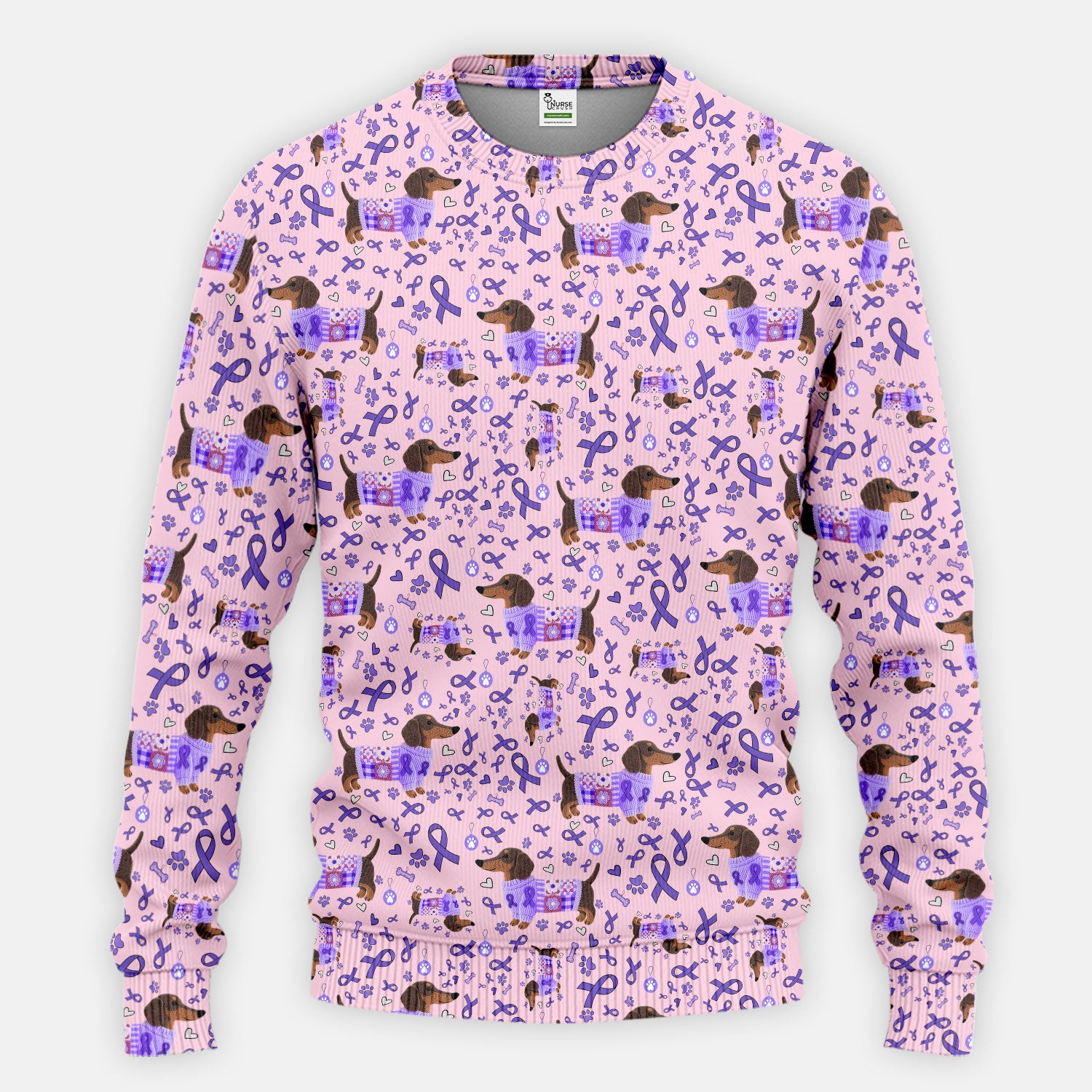 Purple Ribbon Dachshund Scrub Sets - Cute Awareness Dog Paw Prints Scrub Pants and V Neck Top - Support Lupus Cancer Med Uniform