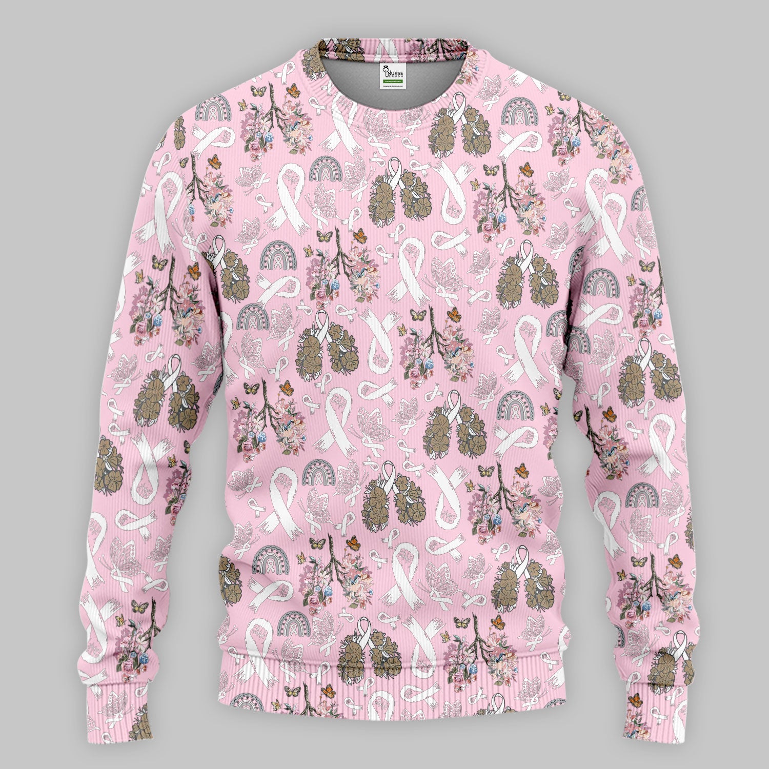Lung Cancer Awareness Scrub Sets for Nurse - White Ribbon Butterfly Floral Scrub Pants and V Neck Top - Breathable Med Uniform for Women