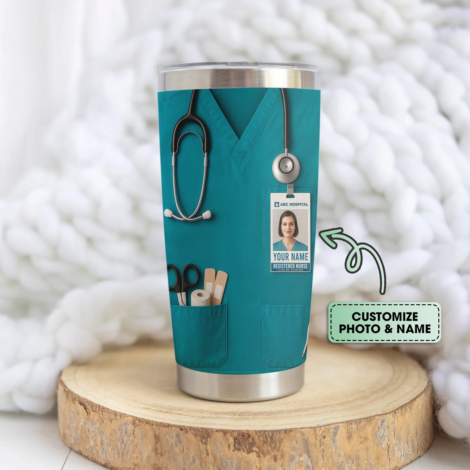 Custom Nurse Tumbler - Stethoscope & Hospital ID Badge Design - Personalized Gift with Custom Text & Photo for RN CNA LPN Healthcare Workers