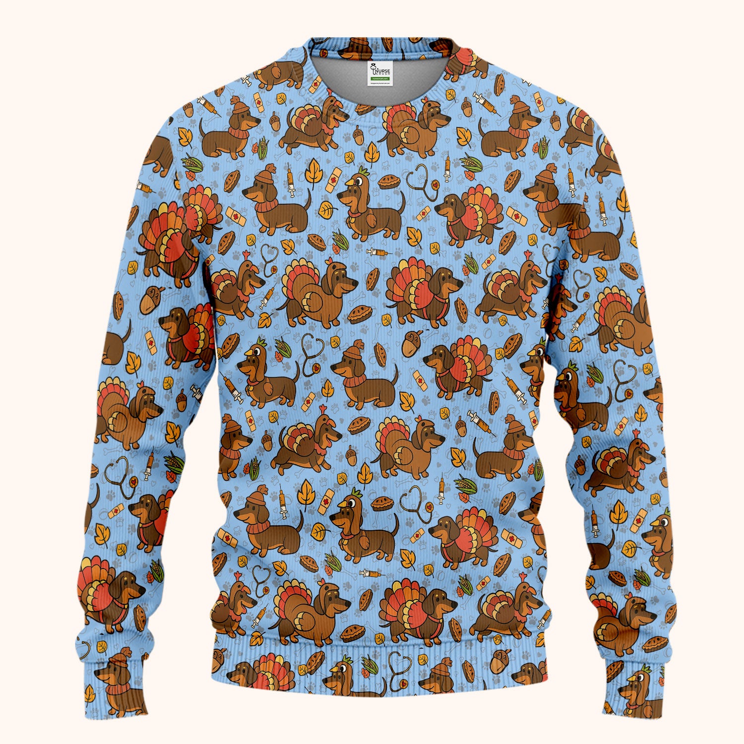 Thanksgiving Wiener Dog Scrub Set - Funny Dachshund Turkey Scrubs Pants and V Neck Top - Fall Winter Gift for Women