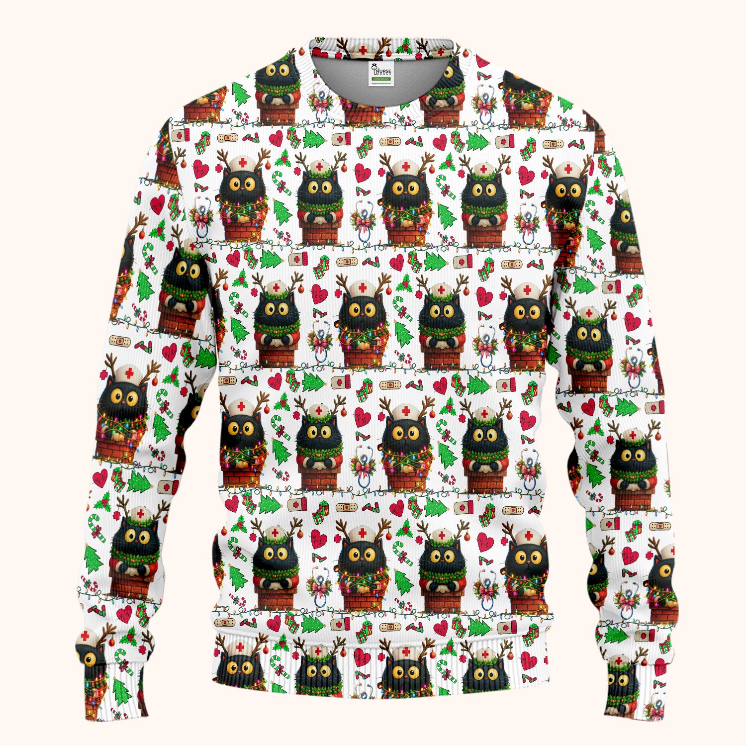 Christmas Black Cat Scrub Set for Nurse - Cute Reindeer Cat with Xmas Lights Pants and V Neck Top - Festive Holiday Medical Uniform