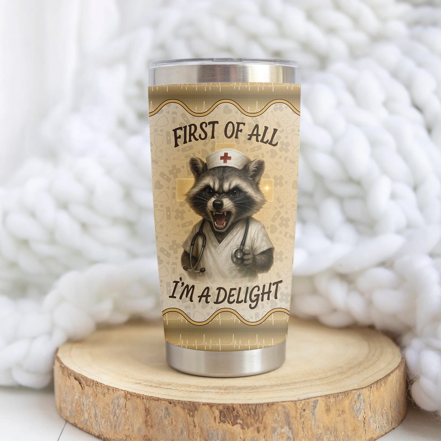 Funny Nurse Tumbler - First Of All I'm A Delight - Personalized Raccoon Mug with Name - Gift for RN CNA LPN Women - Stainless Steel Travel Cup