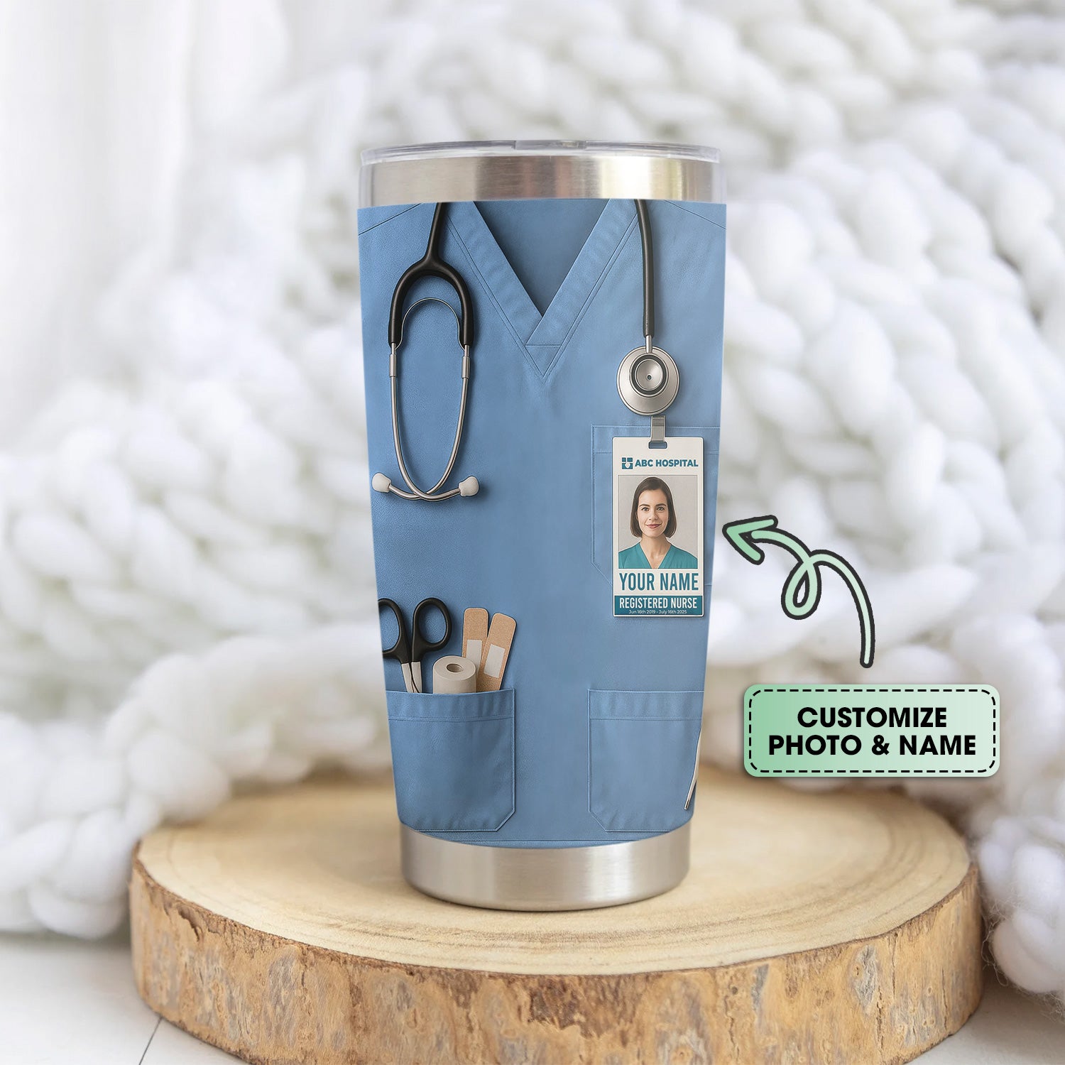 Custom Nurse Tumbler - Stethoscope & Hospital ID Badge Design - Personalized Gift with Custom Text & Photo for RN CNA LPN Healthcare Workers