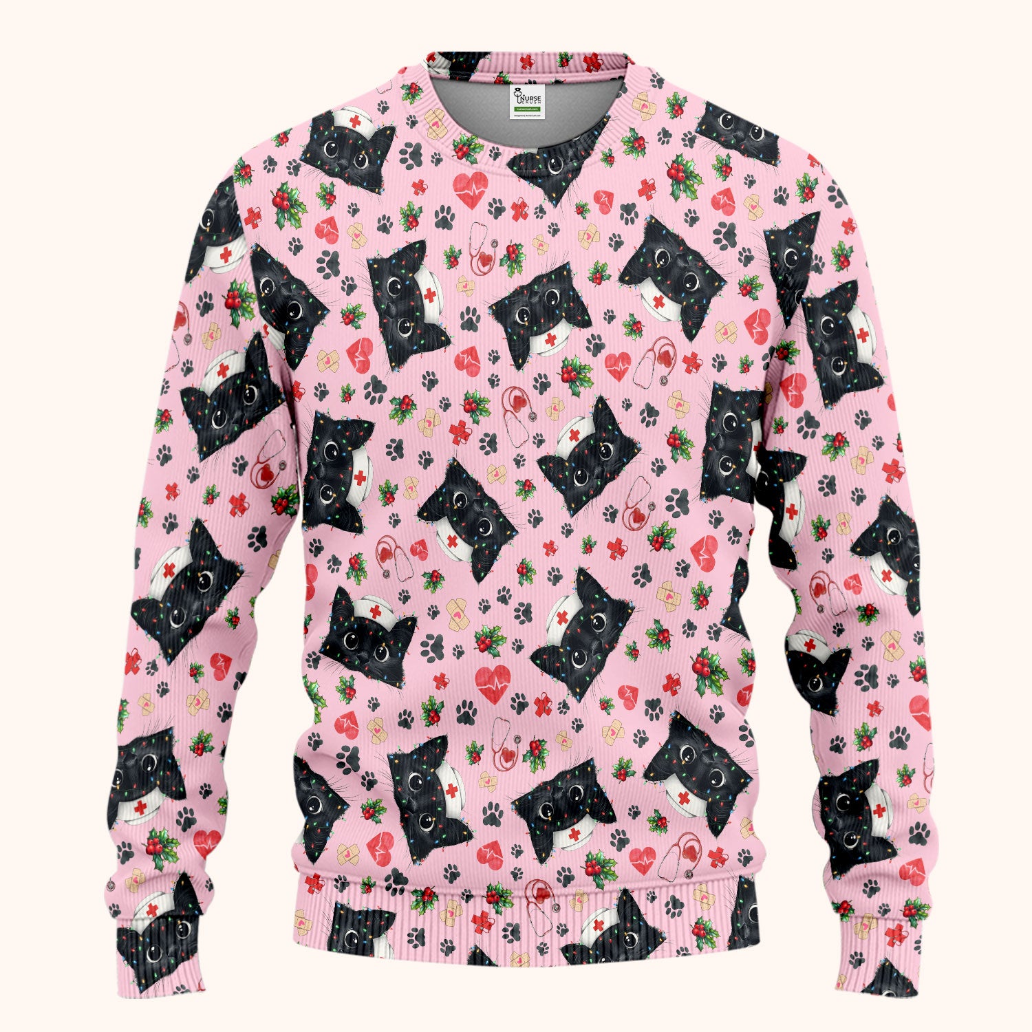 Funny Cats Scrub Set for Nurses - Black Kittens Christmas Scrubs Pants and V Neck Top - Jolly Medical Uniform Gift for RN CNA LPN