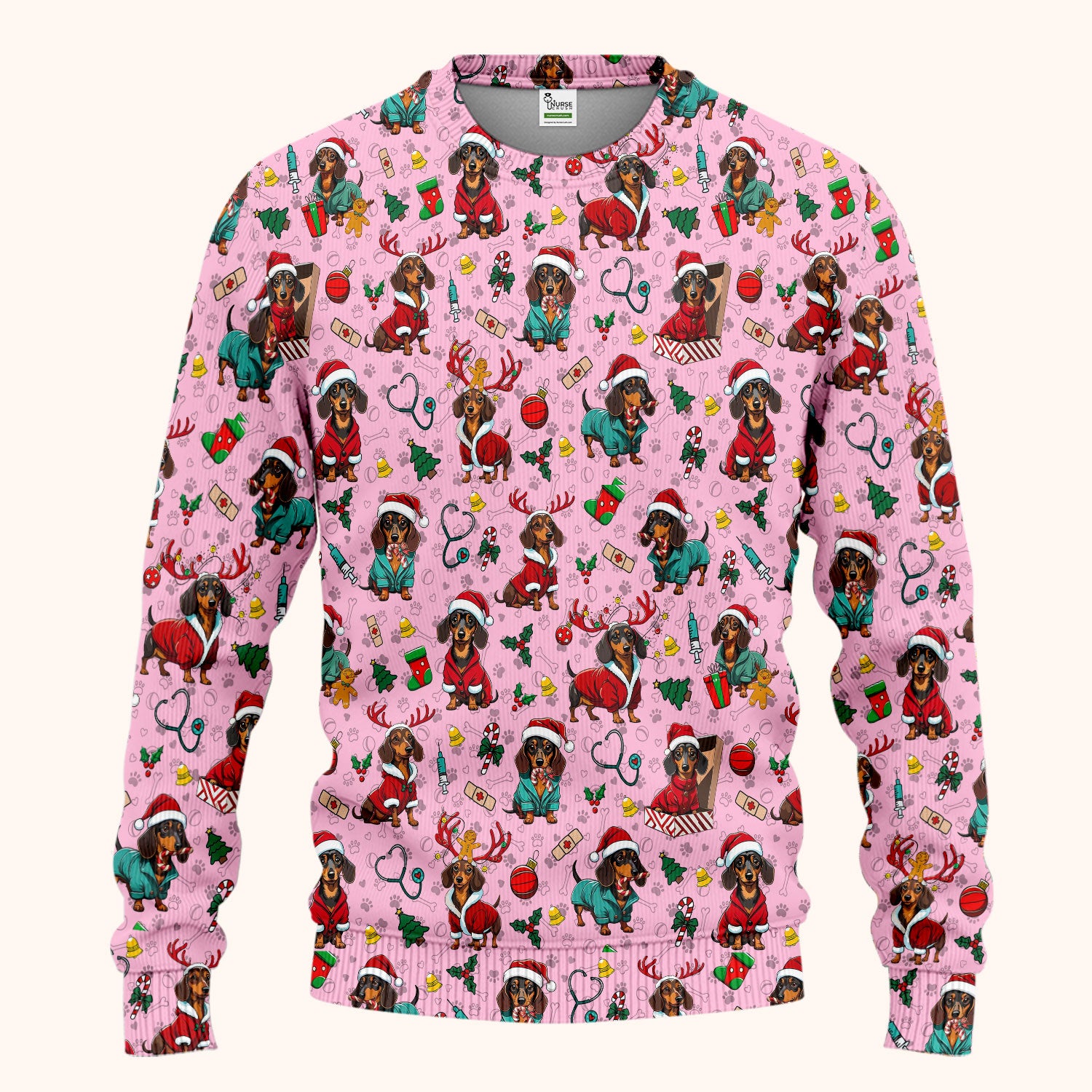 Christmas Dachshund Scrub Set for Nurses - Cute Sausage Dog Holiday - Funny Reindeer & Santa Scrubs Pants and V Neck Top