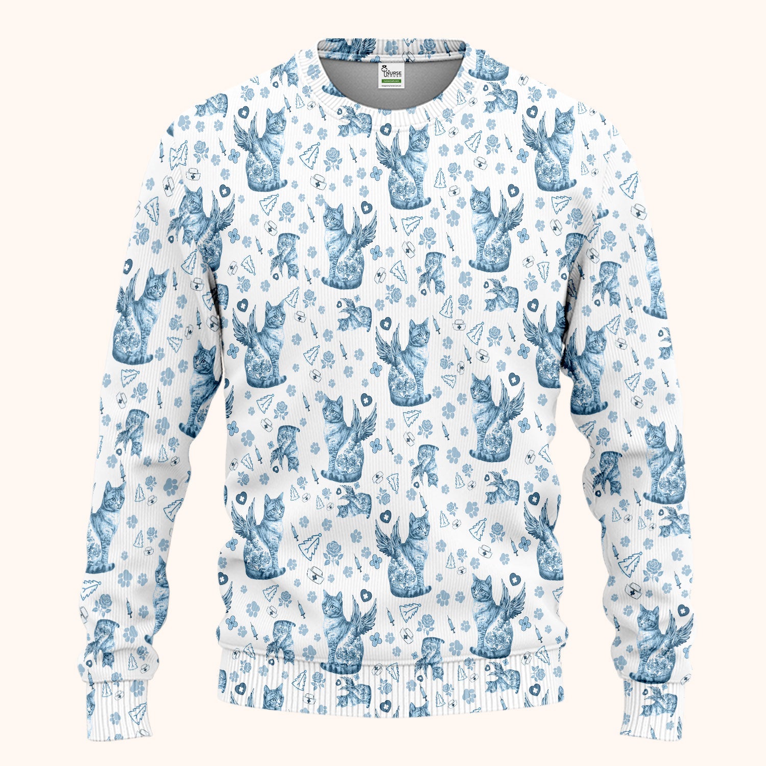 Toile de Jouy Cat Angel Scrub Set - Blue Vintage Nurse Pants and V Neck Top - French Style Medical Uniform for Women
