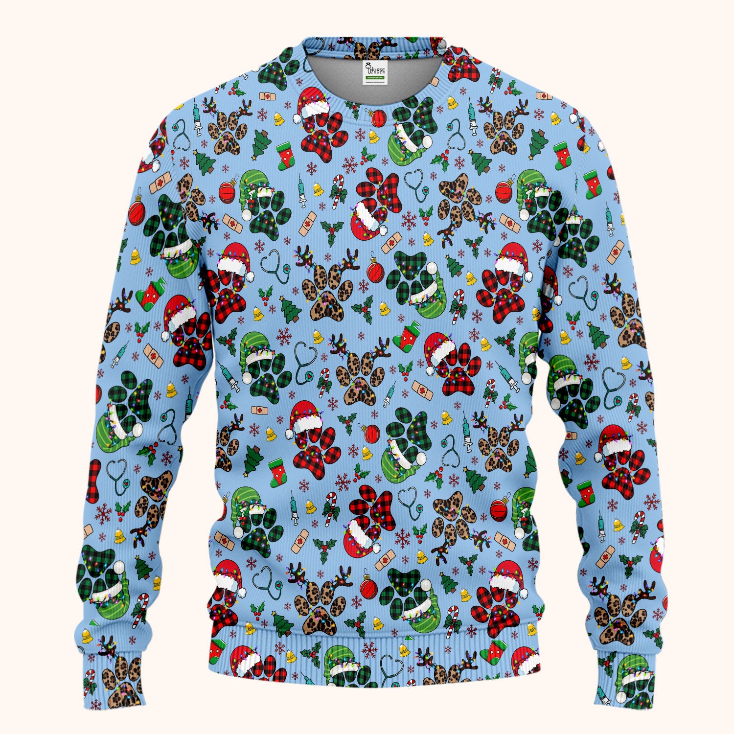 Christmas Paw Print Scrub Set for Nurses - Cute Leopard Holiday Pants and V Neck Top - Funny Pet Medical Uniform Gift