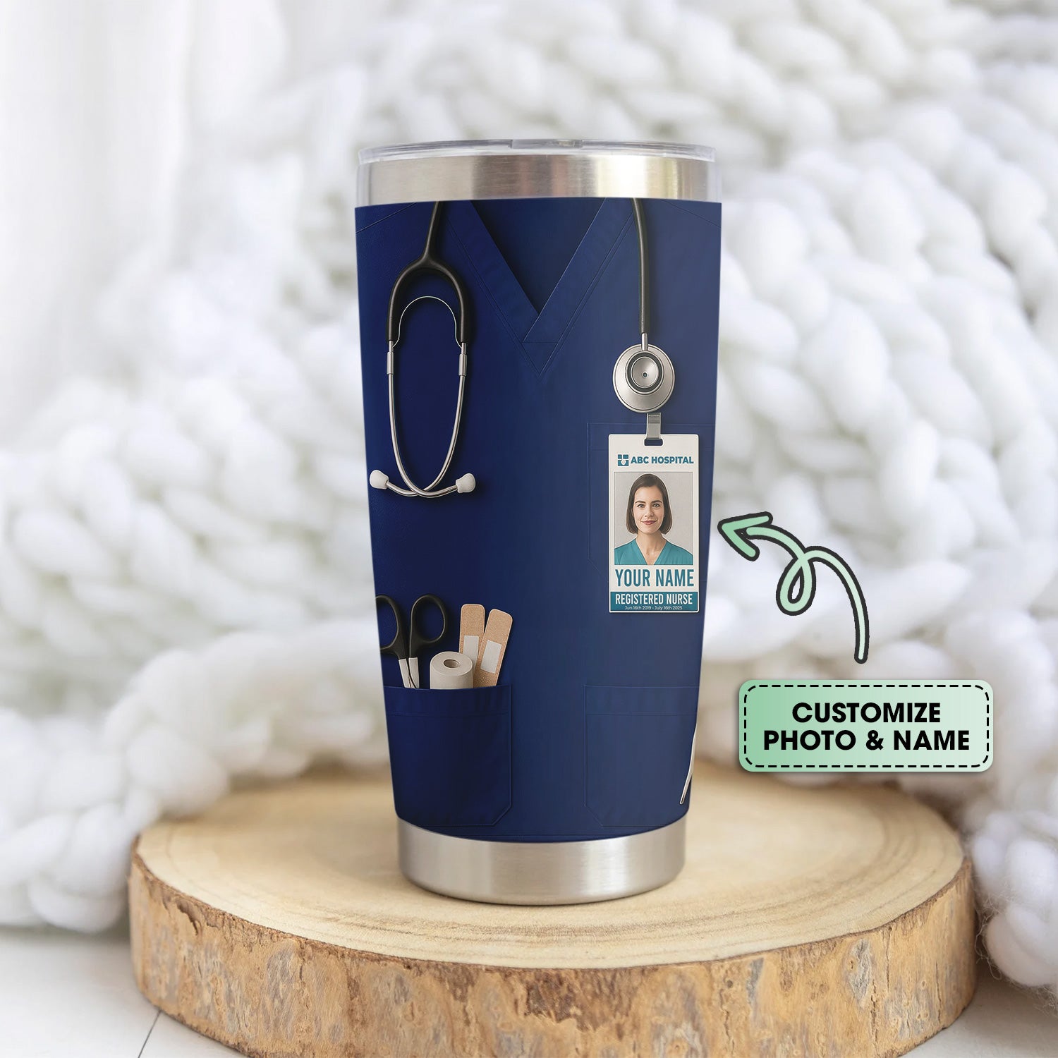 Custom Nurse Tumbler - Stethoscope & Hospital ID Badge Design - Personalized Gift with Custom Text & Photo for RN CNA LPN Healthcare Workers