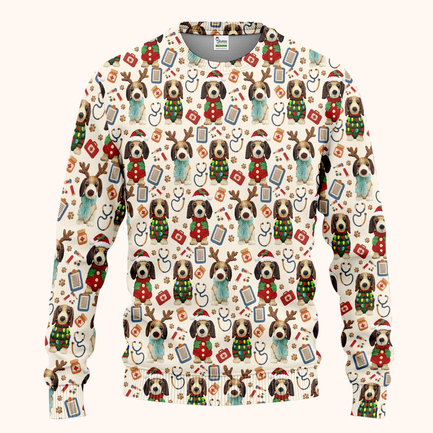 Christmas Wiener Dog Scrubs Set for Women - Cute Dachshund Christmas Scrub Pants and V Neck Top - Puppy Lover Medical Uniform Gift