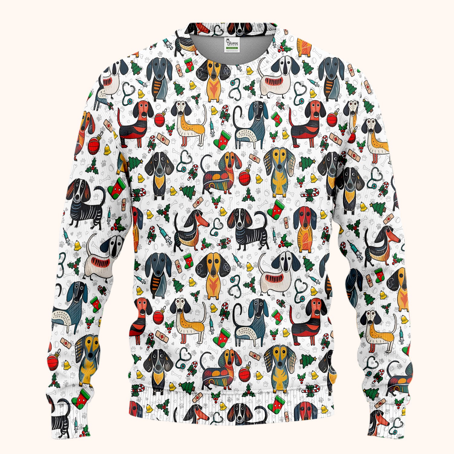 Dachshund Christmas Scrub Set - Cute Wiener Dog Pants and V Neck Top - Holiday Medical Uniform