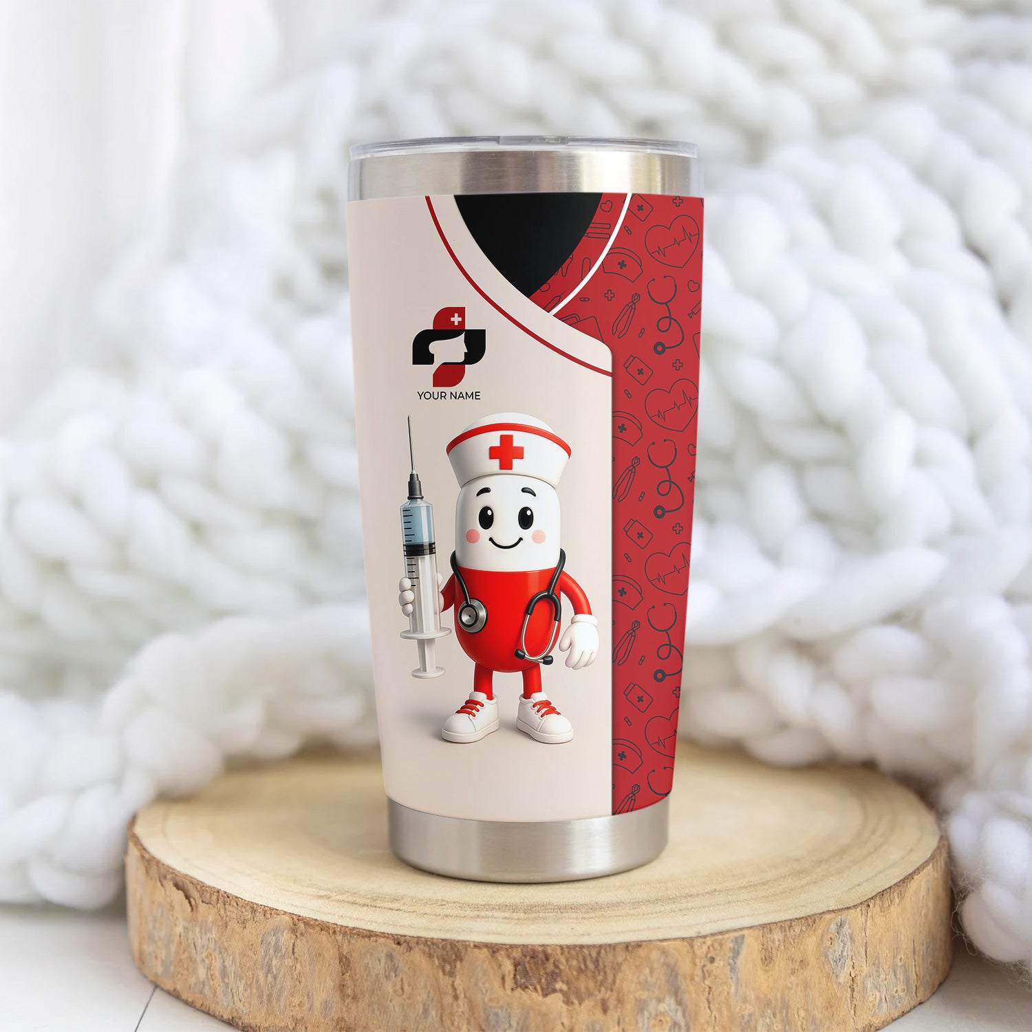 Funny Personalized Nurse Tumbler - Cartoon Pill Design Stainless Steel Travel Mug - RN CNA Healthcare Gift Multiple Color Options