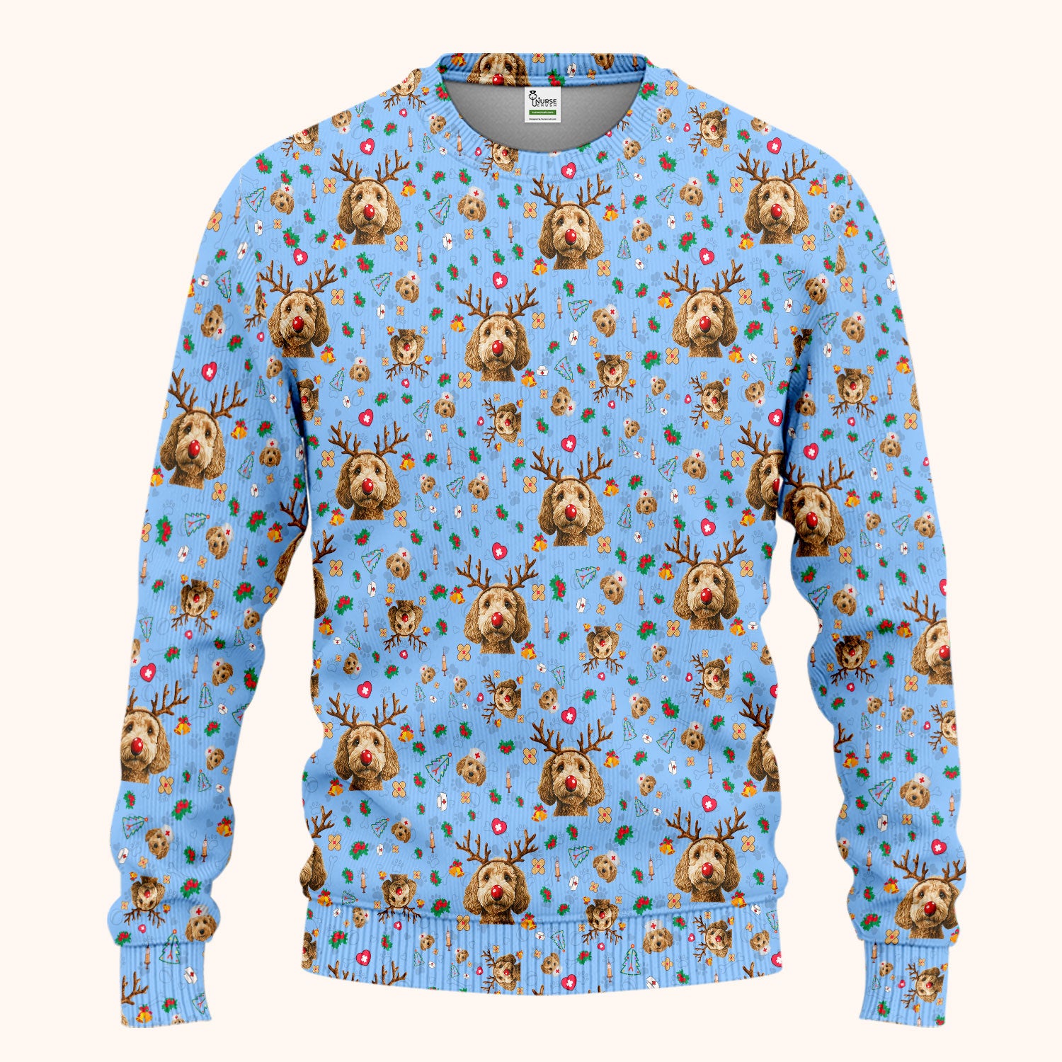 Christmas Labradoodle Scrub Set - Funny Reindeer Dog Nurse Pants and V Neck Top - Cute Holiday Medical Uniform